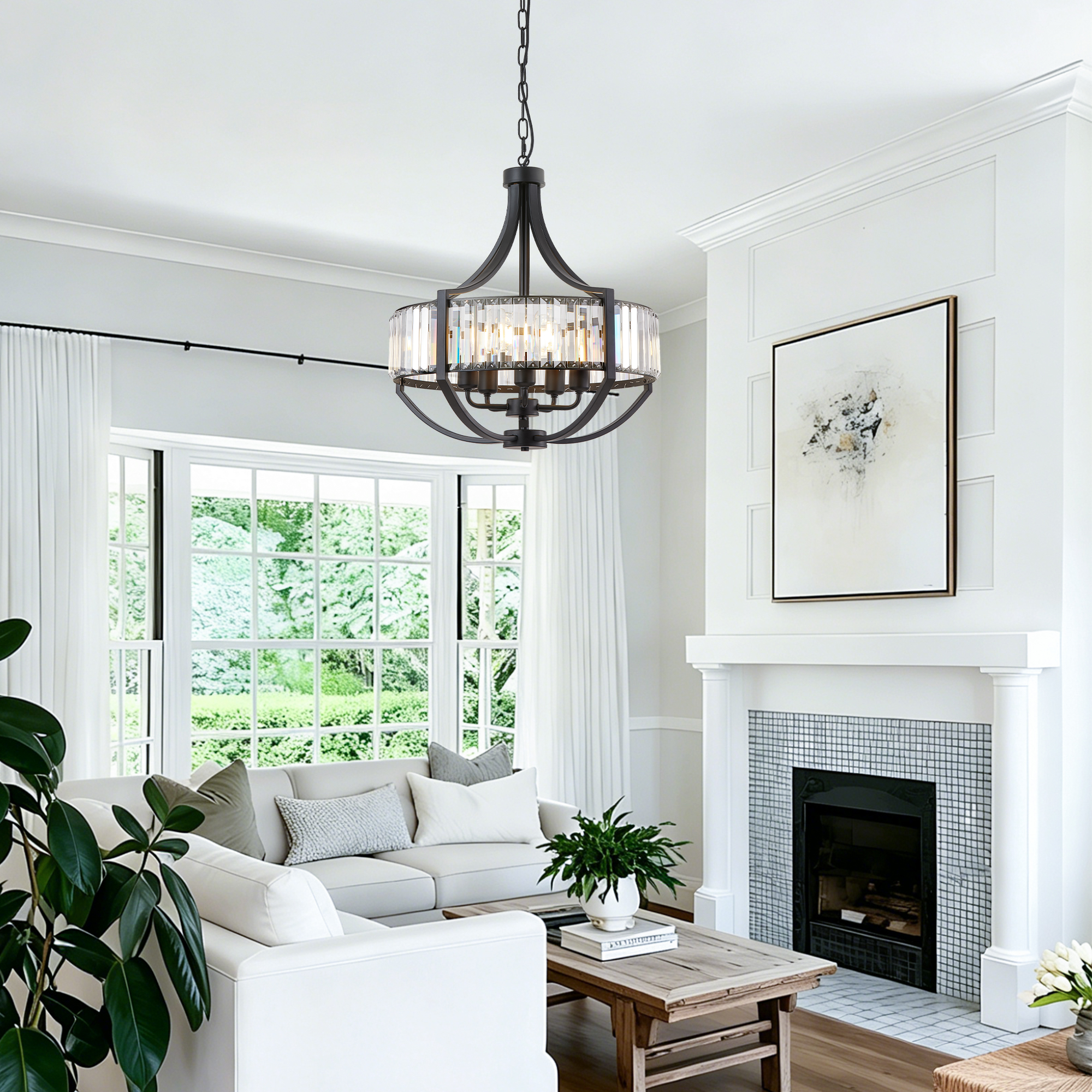 20" Modern Farmhouse Crystal Chandeliers for Dining Room, 5-Light Black Antique Pendant Chandelier, Contemporary Hanging Light Fixture for Living Room Bedroom Foyer Kitchen Island Entryway - Image 6
