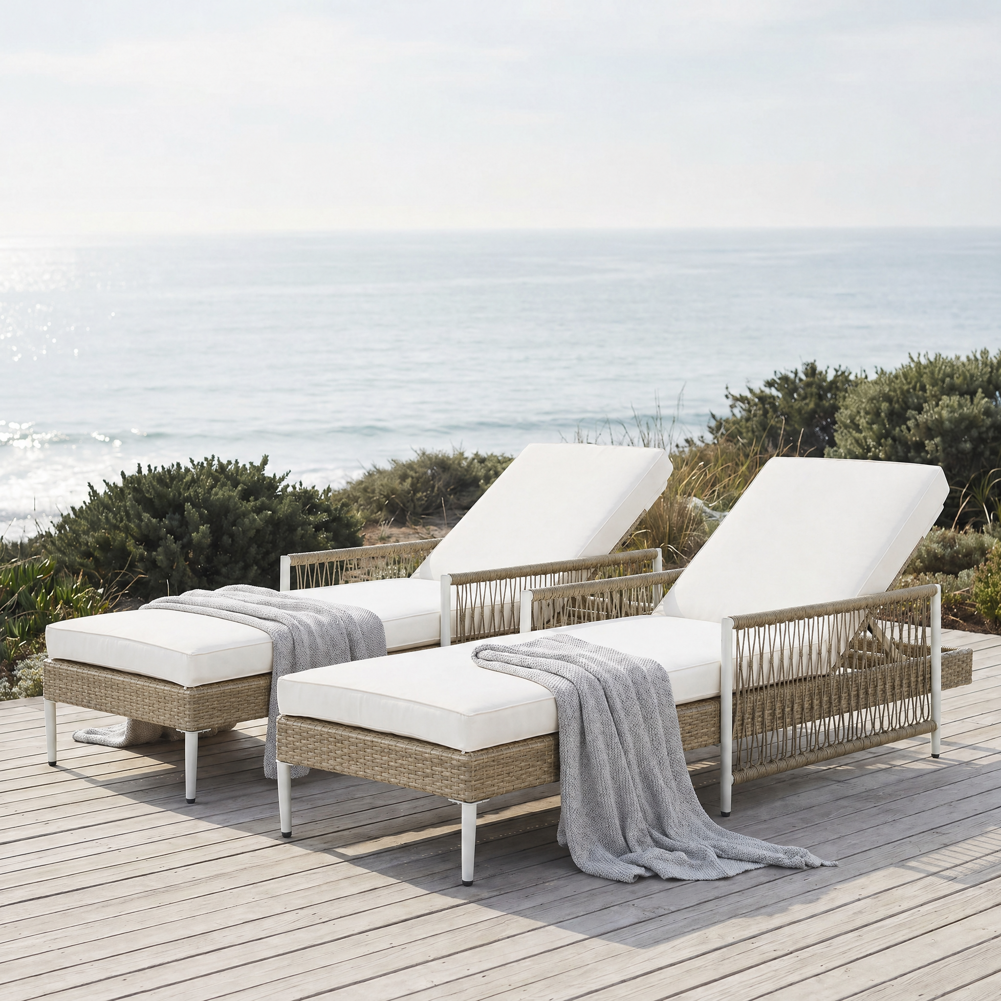 TOPMAX Outdoor All-Weather PE Rattan Chaise Lounge, Minimalist Patio Wicker Lounge Chair with 6 Gear Adjustable Recliner, Arms and Cushion for Poolside, Deck, Set of 2, Beige - Image 2