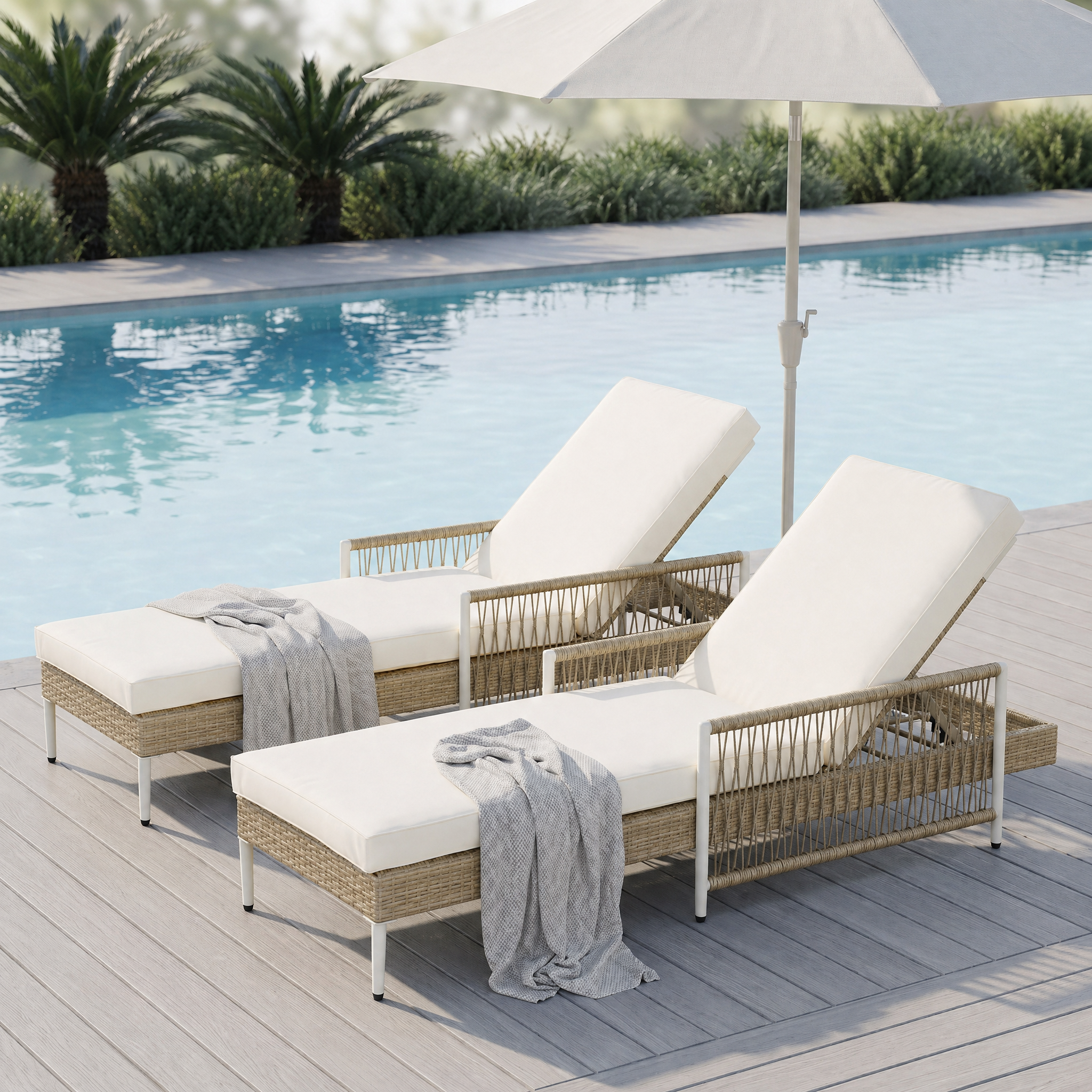 TOPMAX Outdoor All-Weather PE Rattan Chaise Lounge, Minimalist Patio Wicker Lounge Chair with 6 Gear Adjustable Recliner, Arms and Cushion for Poolside, Deck, Set of 2, Beige - Image 3