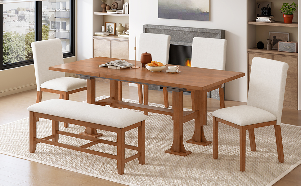 TOPMAX Farmhouse 76inch 6-Piece Extendable Dining Table Set Trestle Kitchen Table Set with 18inch Removable Leaf and Upholstered Dining Chair and Bench for Dining Room, Brown+Ivory - Image 2