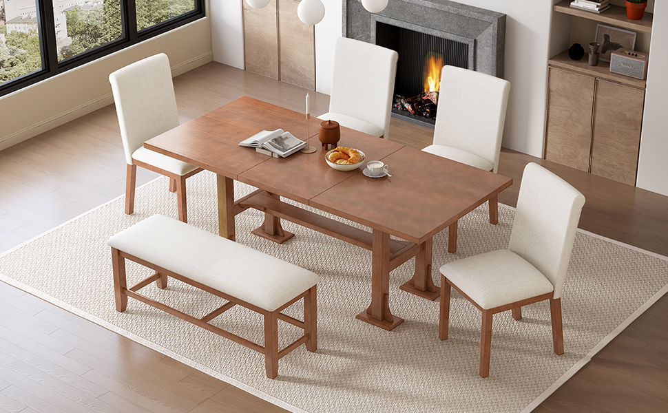 TOPMAX Farmhouse 76inch 6-Piece Extendable Dining Table Set Trestle Kitchen Table Set with 18inch Removable Leaf and Upholstered Dining Chair and Bench for Dining Room, Brown+Ivory - Image 3