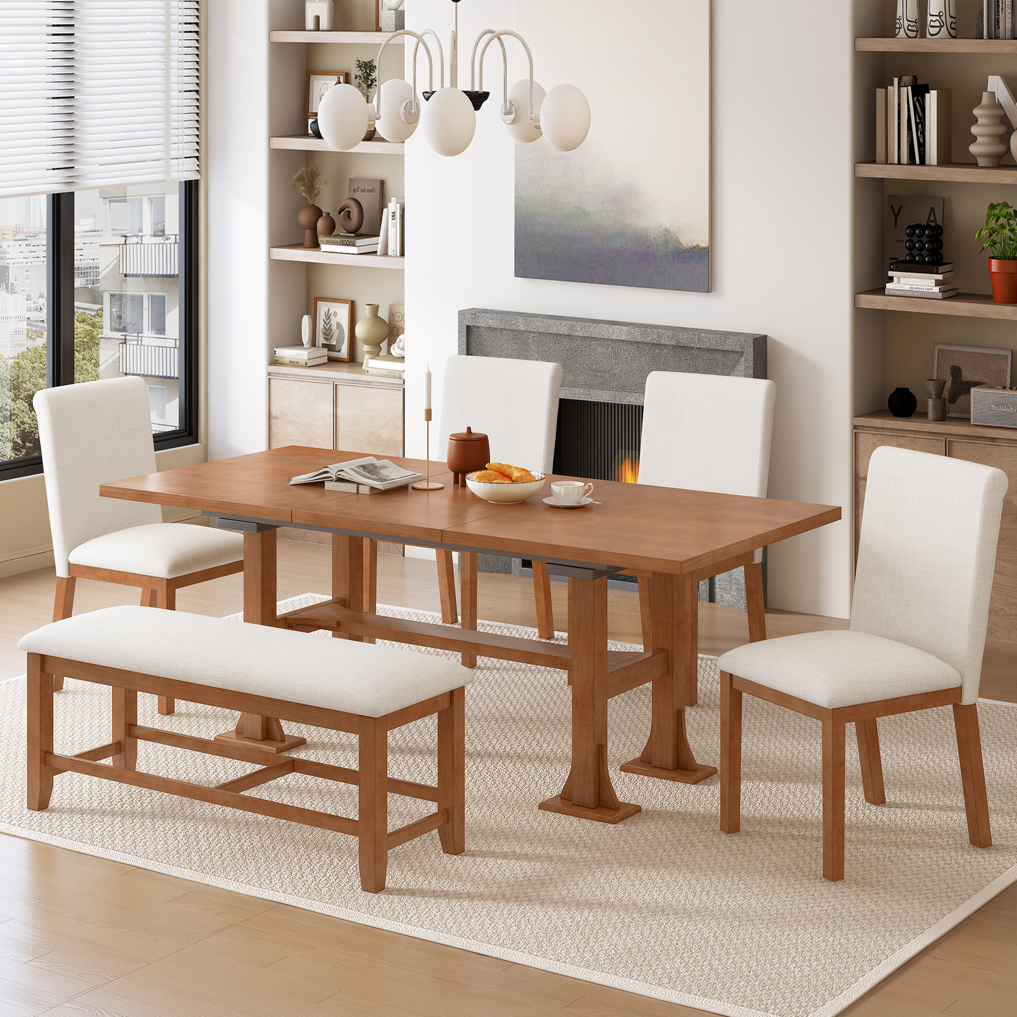 TOPMAX Farmhouse 76inch 6-Piece Extendable Dining Table Set Trestle Kitchen Table Set with 18inch Removable Leaf and Upholstered Dining Chair and Bench for Dining Room, Brown+Ivory - Image 4