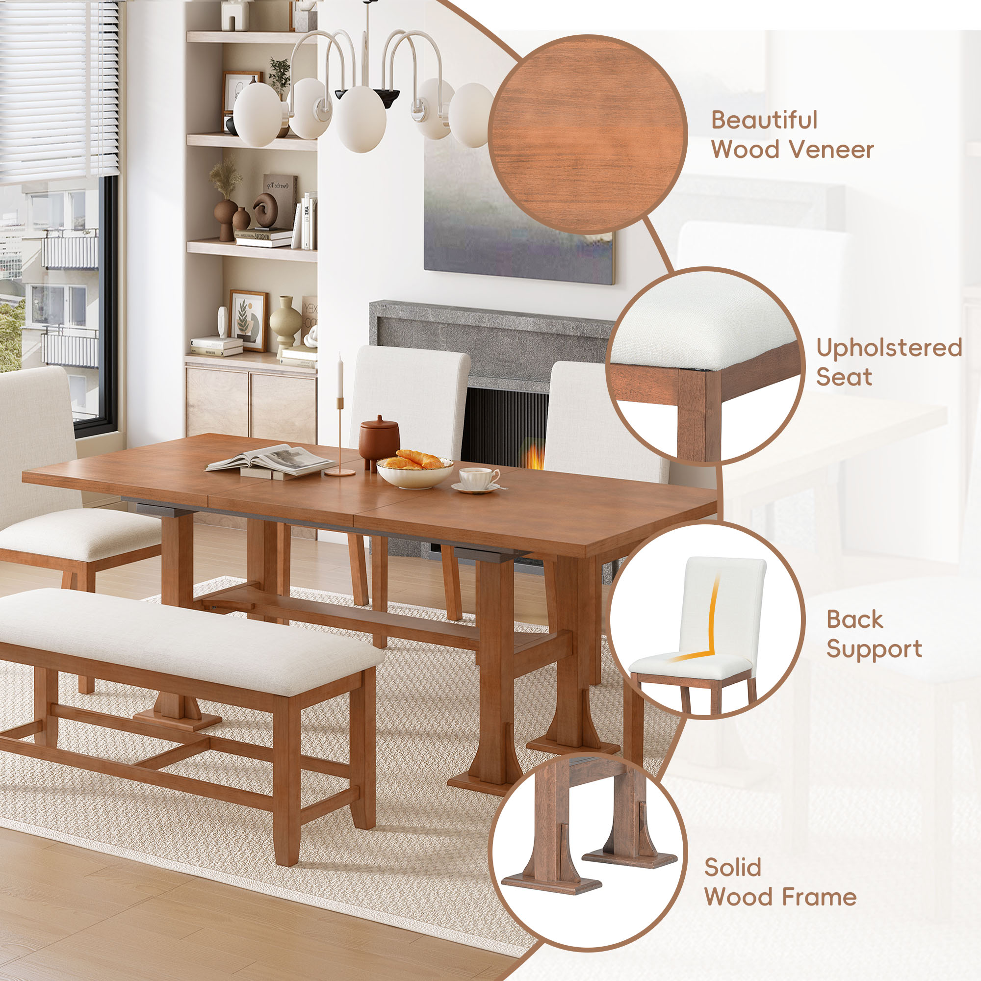 TOPMAX Farmhouse 76inch 6-Piece Extendable Dining Table Set Trestle Kitchen Table Set with 18inch Removable Leaf and Upholstered Dining Chair and Bench for Dining Room, Brown+Ivory - Image 6