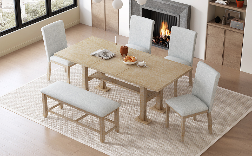 TOPMAX Farmhouse 76inch 6-Piece Extendable Dining Table Set Trestle Kitchen Table Set with 18inch Removable Leaf and Upholstered Dining Chair and Bench for Dining Room, Natural+Light Gray - Image 2