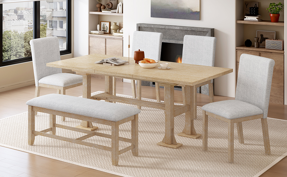TOPMAX Farmhouse 76inch 6-Piece Extendable Dining Table Set Trestle Kitchen Table Set with 18inch Removable Leaf and Upholstered Dining Chair and Bench for Dining Room, Natural+Light Gray - Image 3