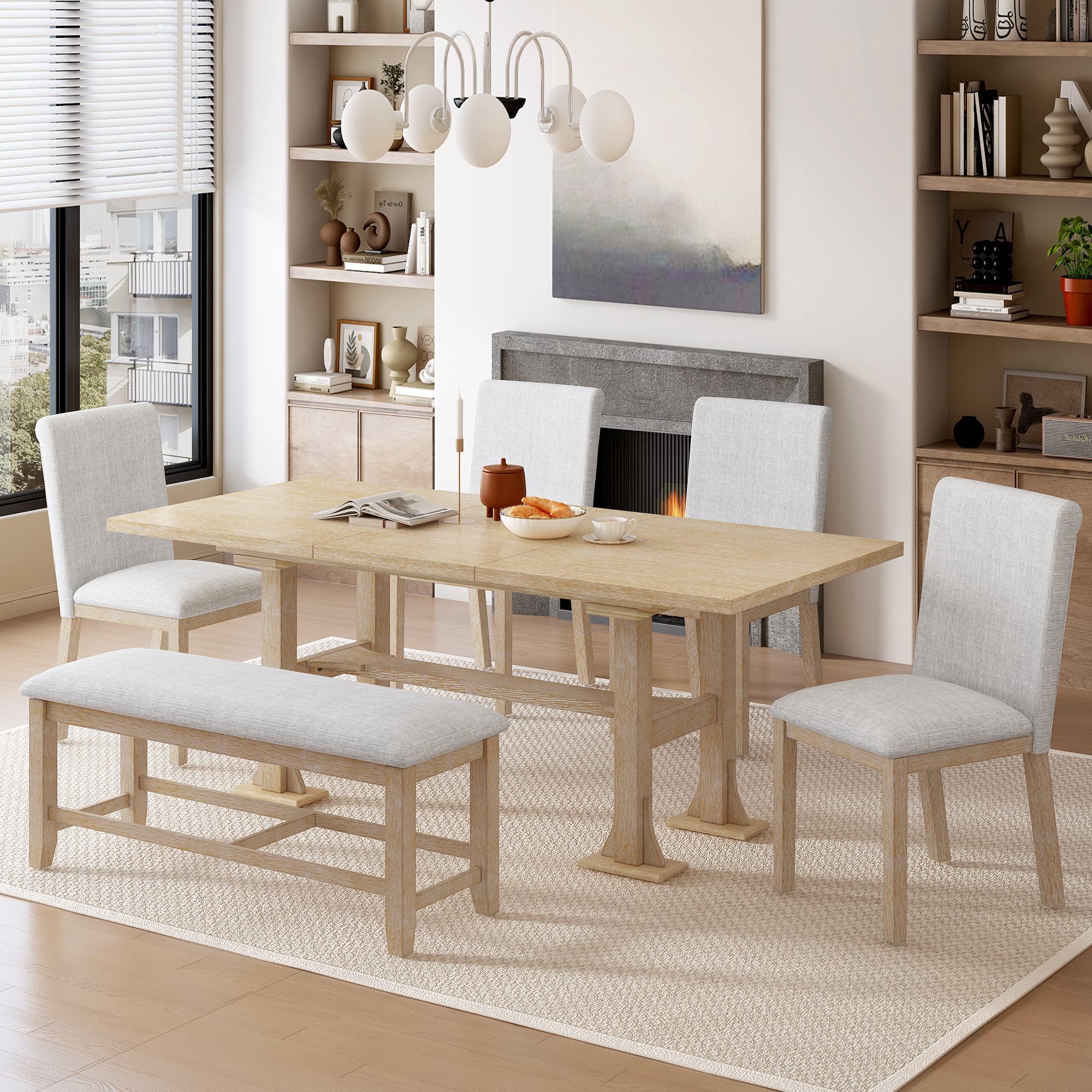 TOPMAX Farmhouse 76inch 6-Piece Extendable Dining Table Set Trestle Kitchen Table Set with 18inch Removable Leaf and Upholstered Dining Chair and Bench for Dining Room, Natural+Light Gray - Image 4