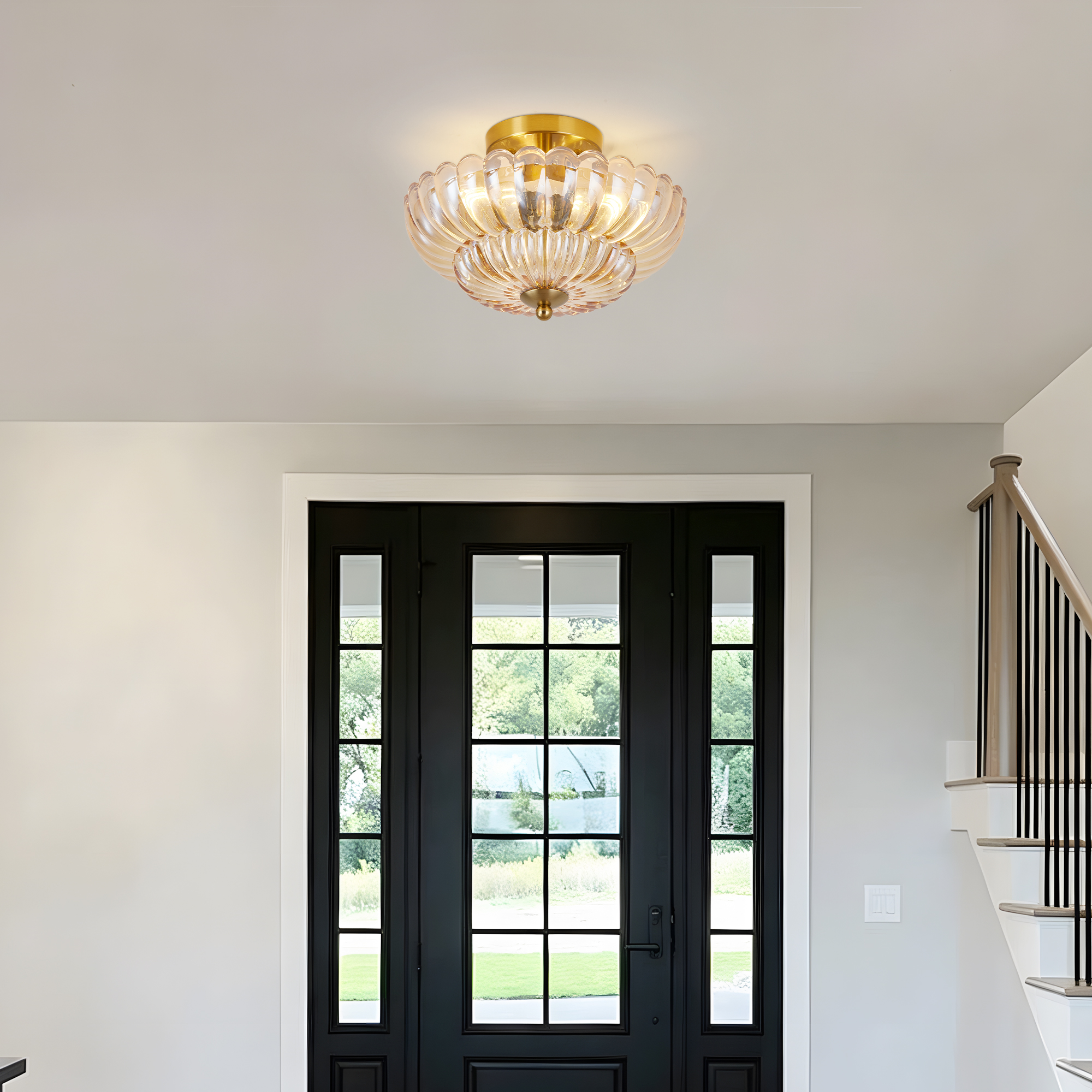 11.8 inch Semi Flush Mount Ceiling Light, 3-Light Close to Ceiling Light Fixtures with Flower Glass, Vintage Ceiling Lights for Hallway Living Room Kitchen Bedroom Bathroom, Amber - Image 2