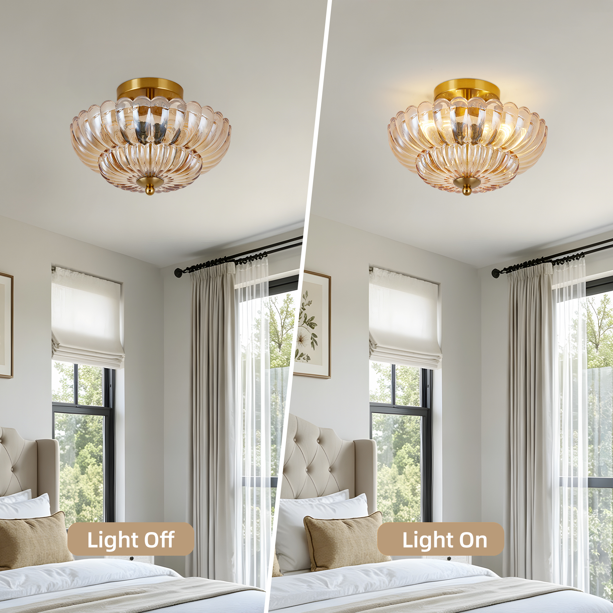 11.8 inch Semi Flush Mount Ceiling Light, 3-Light Close to Ceiling Light Fixtures with Flower Glass, Vintage Ceiling Lights for Hallway Living Room Kitchen Bedroom Bathroom, Amber - Image 4