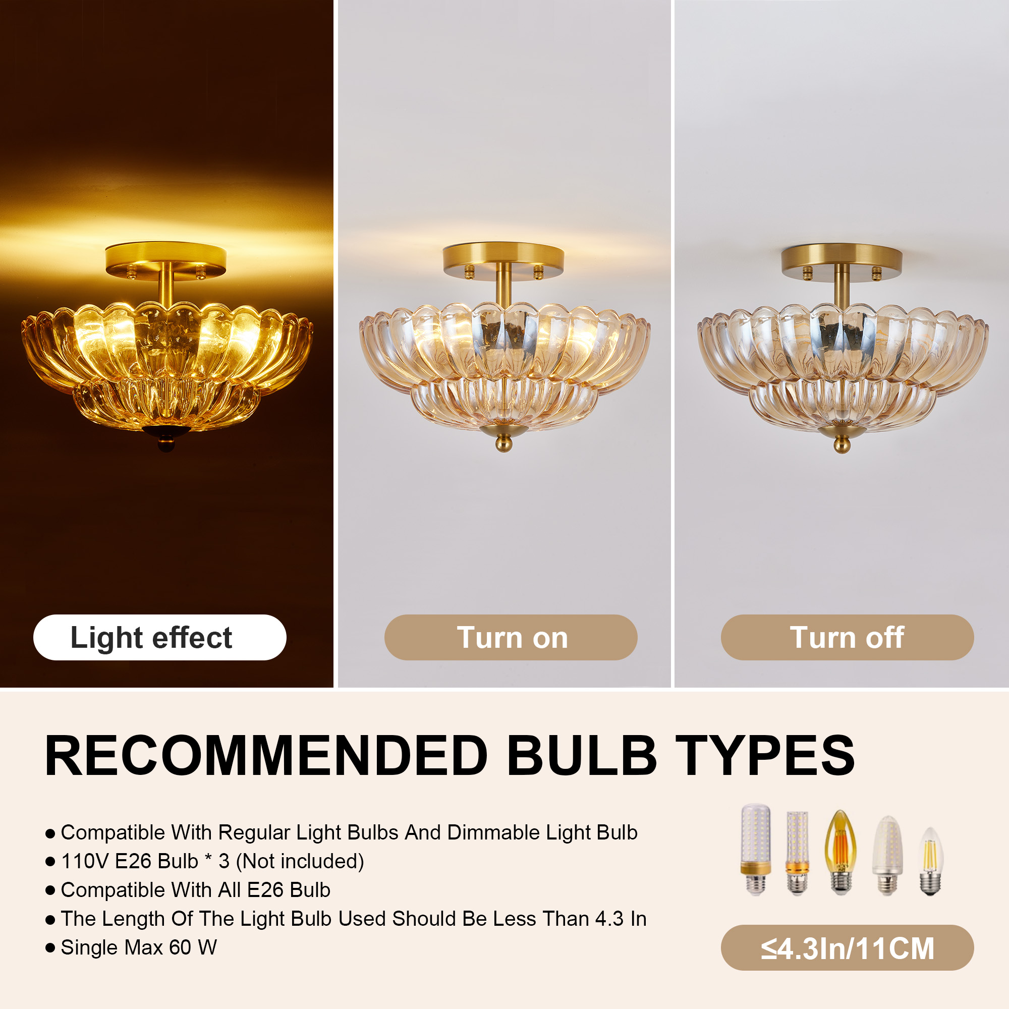 11.8 inch Semi Flush Mount Ceiling Light, 3-Light Close to Ceiling Light Fixtures with Flower Glass, Vintage Ceiling Lights for Hallway Living Room Kitchen Bedroom Bathroom, Amber - Image 5