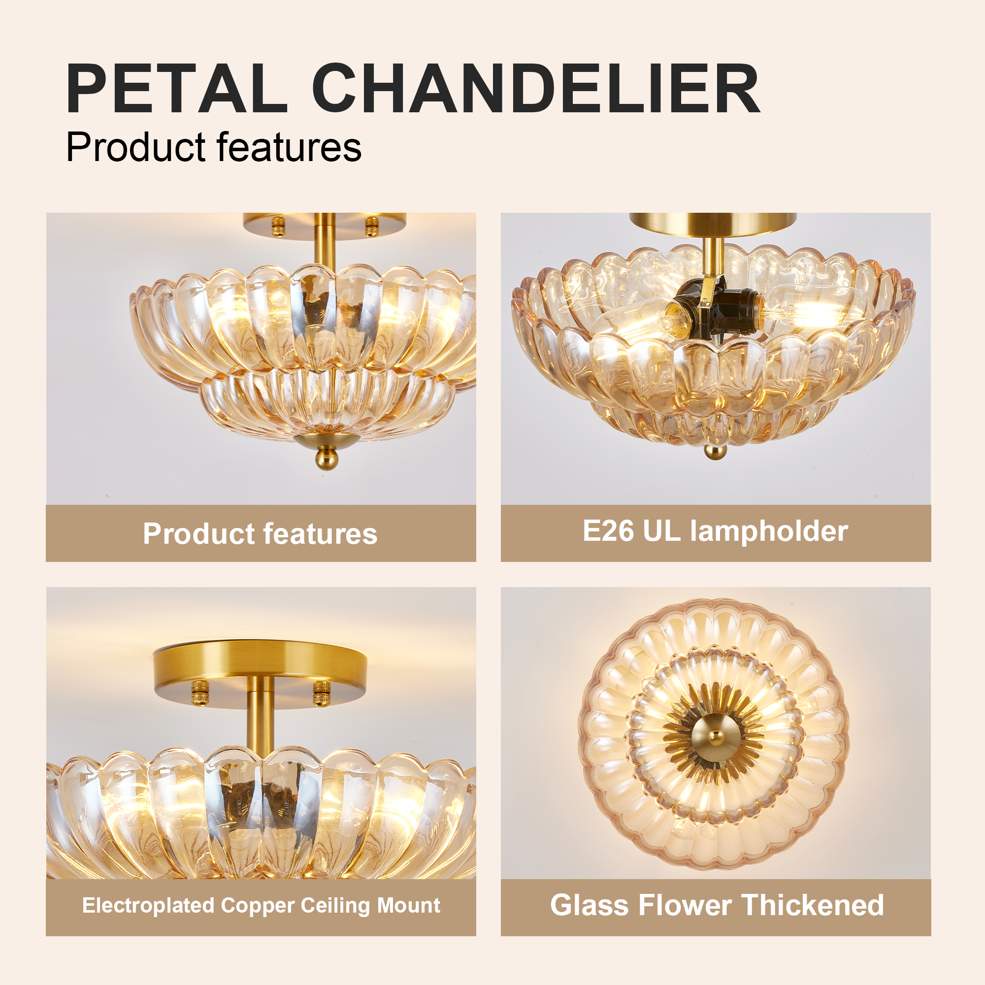 11.8 inch Semi Flush Mount Ceiling Light, 3-Light Close to Ceiling Light Fixtures with Flower Glass, Vintage Ceiling Lights for Hallway Living Room Kitchen Bedroom Bathroom, Amber - Image 6