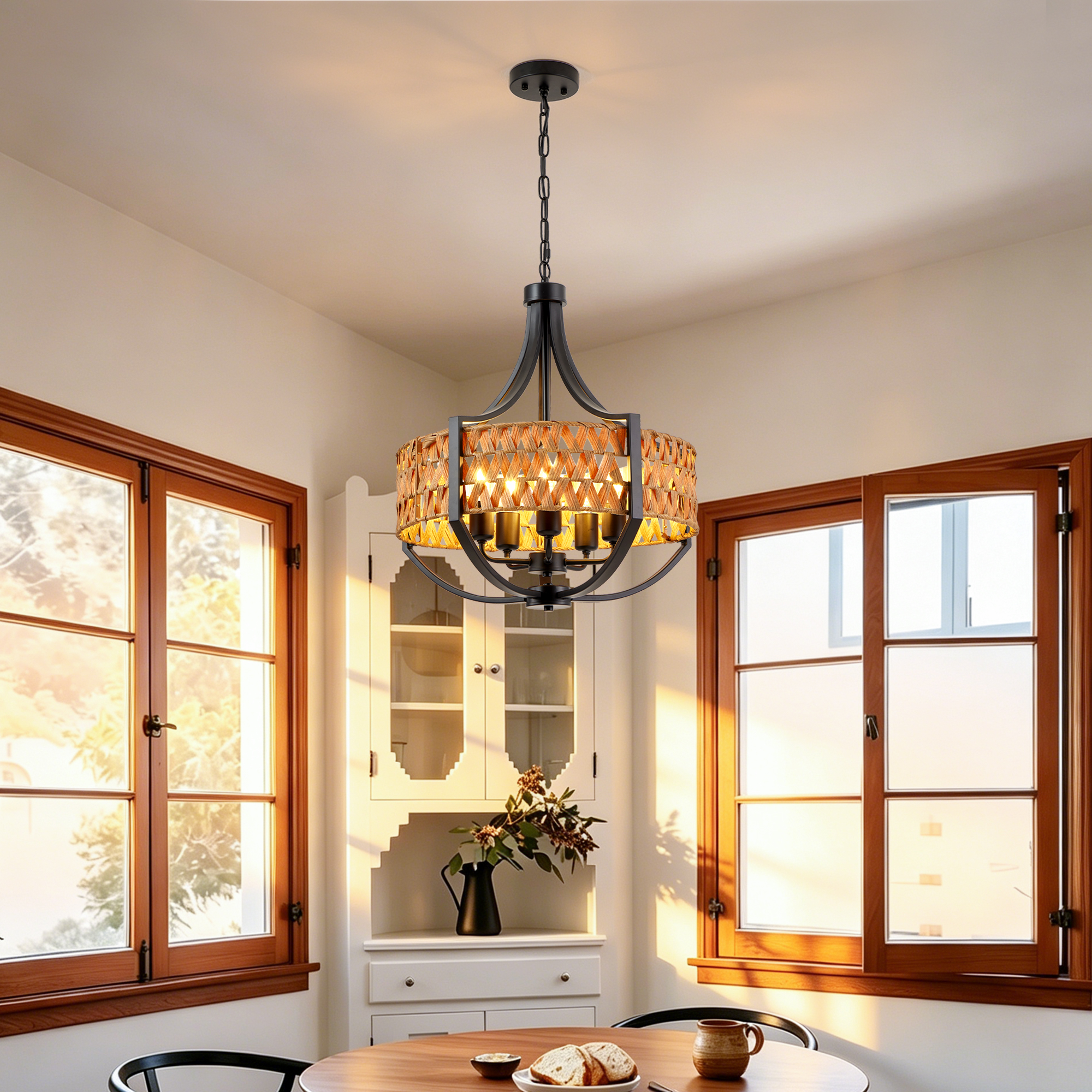 19.7" Rattan Chandelier, 5-Light Boho Chandelier with Natural Woven Reed Shade, Black Farmhouse Hanging Ceiling Light Pendant Light for Dining Room, Living Room, Foyer, Bedroom Hallway - Image 2