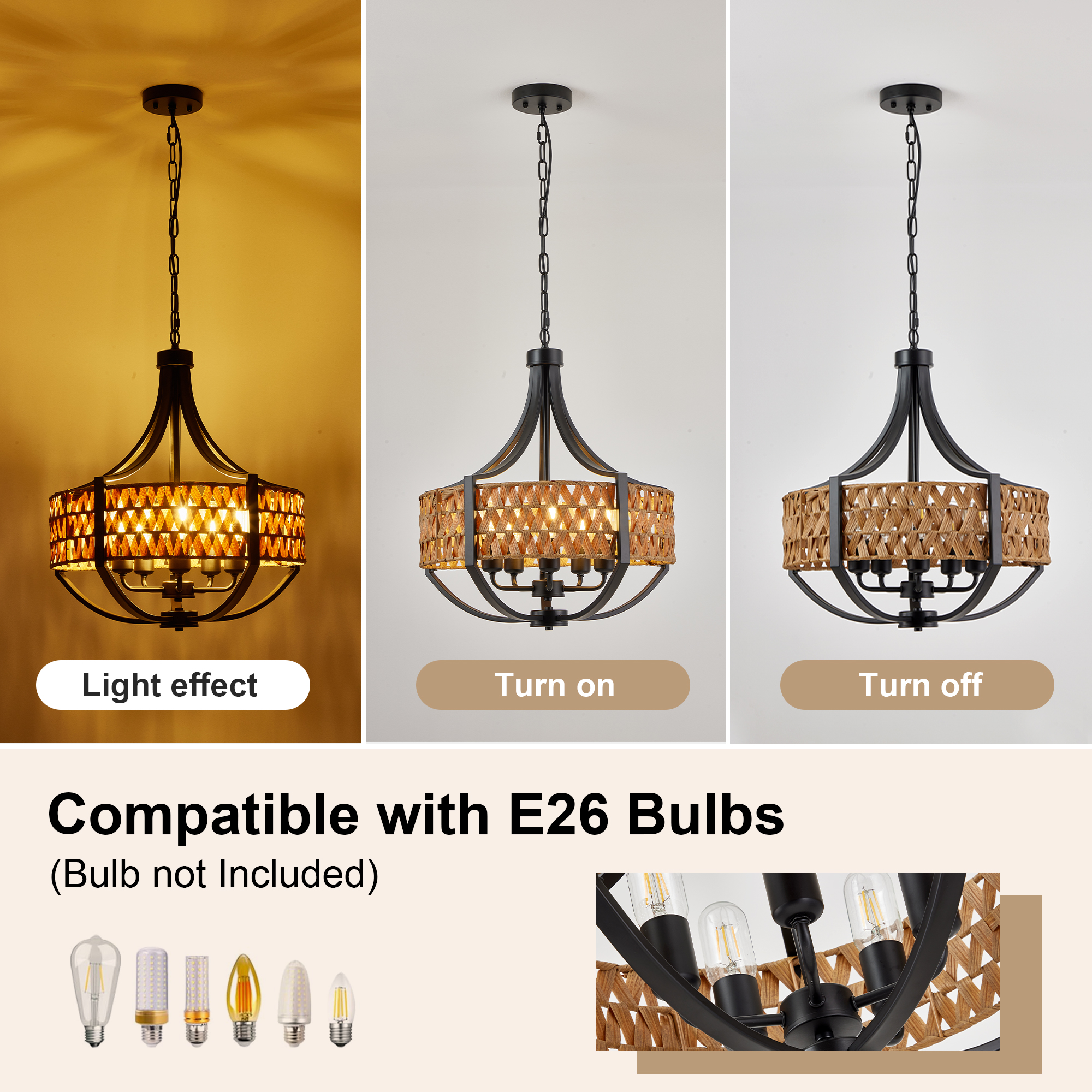 19.7" Rattan Chandelier, 5-Light Boho Chandelier with Natural Woven Reed Shade, Black Farmhouse Hanging Ceiling Light Pendant Light for Dining Room, Living Room, Foyer, Bedroom Hallway - Image 3