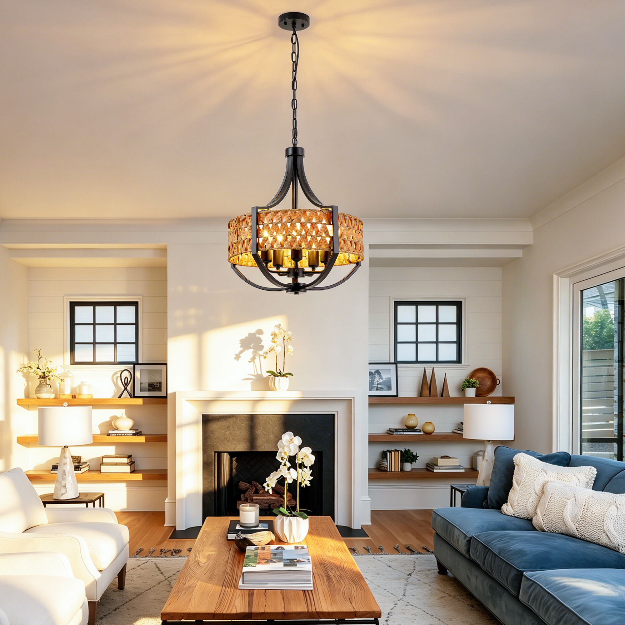 19.7" Rattan Chandelier, 5-Light Boho Chandelier with Natural Woven Reed Shade, Black Farmhouse Hanging Ceiling Light Pendant Light for Dining Room, Living Room, Foyer, Bedroom Hallway - Image 4