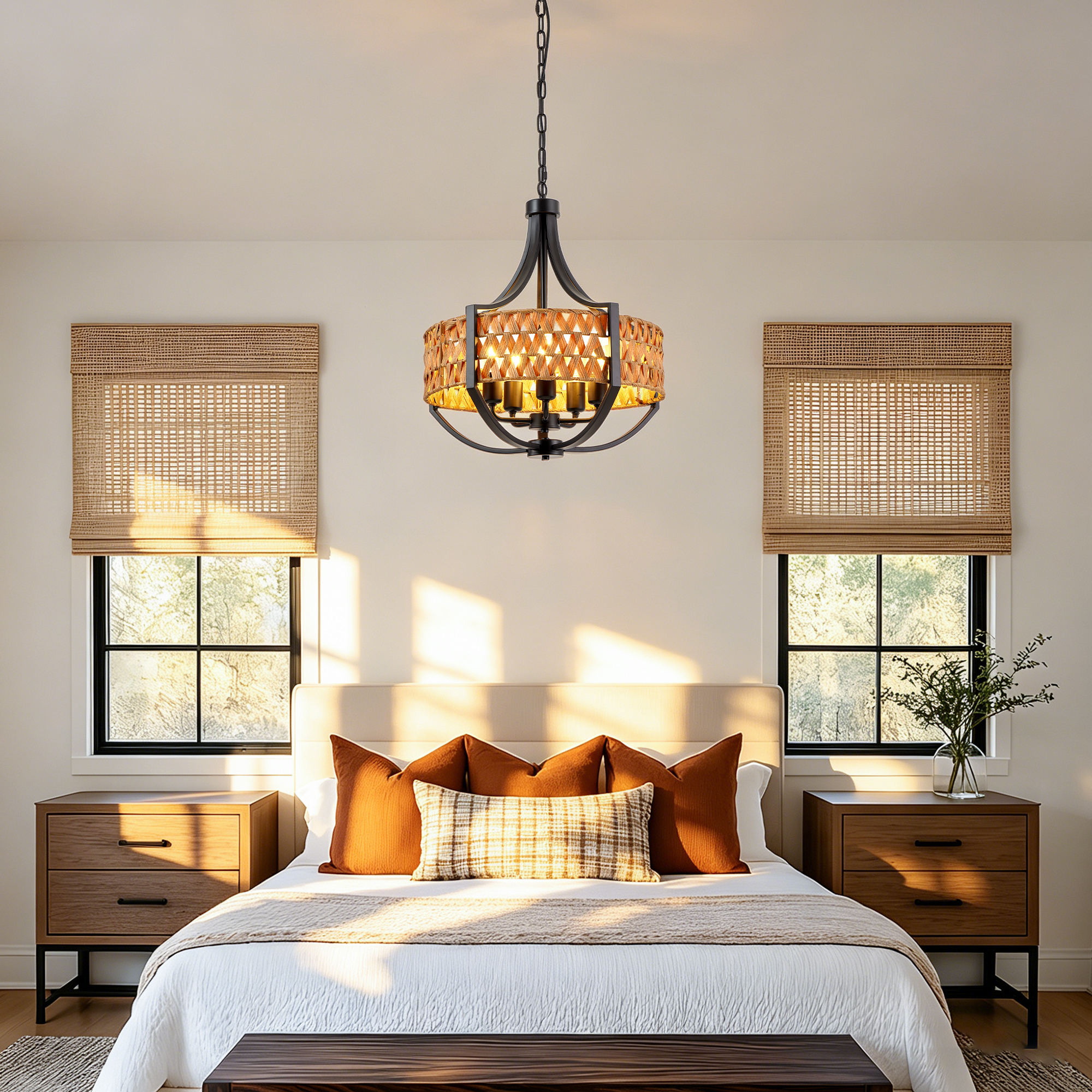 19.7" Rattan Chandelier, 5-Light Boho Chandelier with Natural Woven Reed Shade, Black Farmhouse Hanging Ceiling Light Pendant Light for Dining Room, Living Room, Foyer, Bedroom Hallway - Image 5