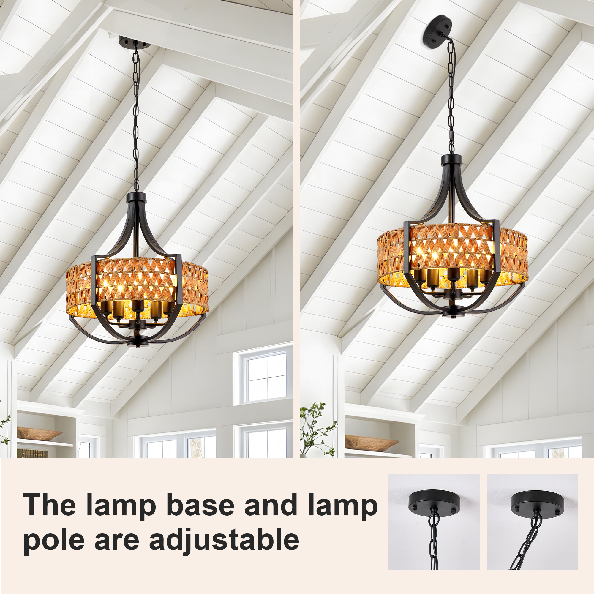 19.7" Rattan Chandelier, 5-Light Boho Chandelier with Natural Woven Reed Shade, Black Farmhouse Hanging Ceiling Light Pendant Light for Dining Room, Living Room, Foyer, Bedroom Hallway - Image 6
