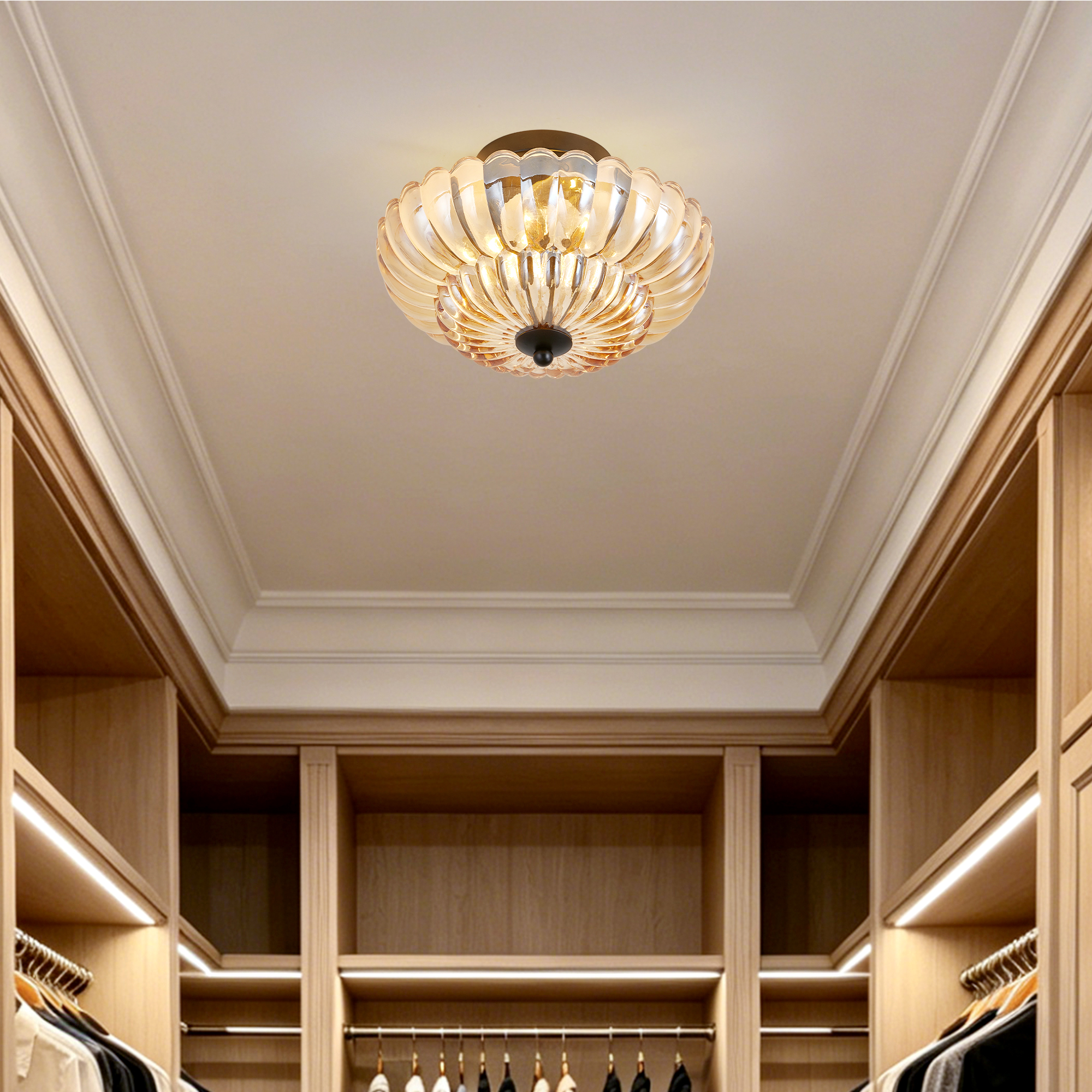 Semi Flush Mount Ceiling Light, Amber Glass Ceiling Light Fixture, 3-Bulb Modern Black Close to Ceiling Light, Vintage Glass Ceiling Lights for Bedroom Kitchen Living Room, Bulb Not Included - Image 2