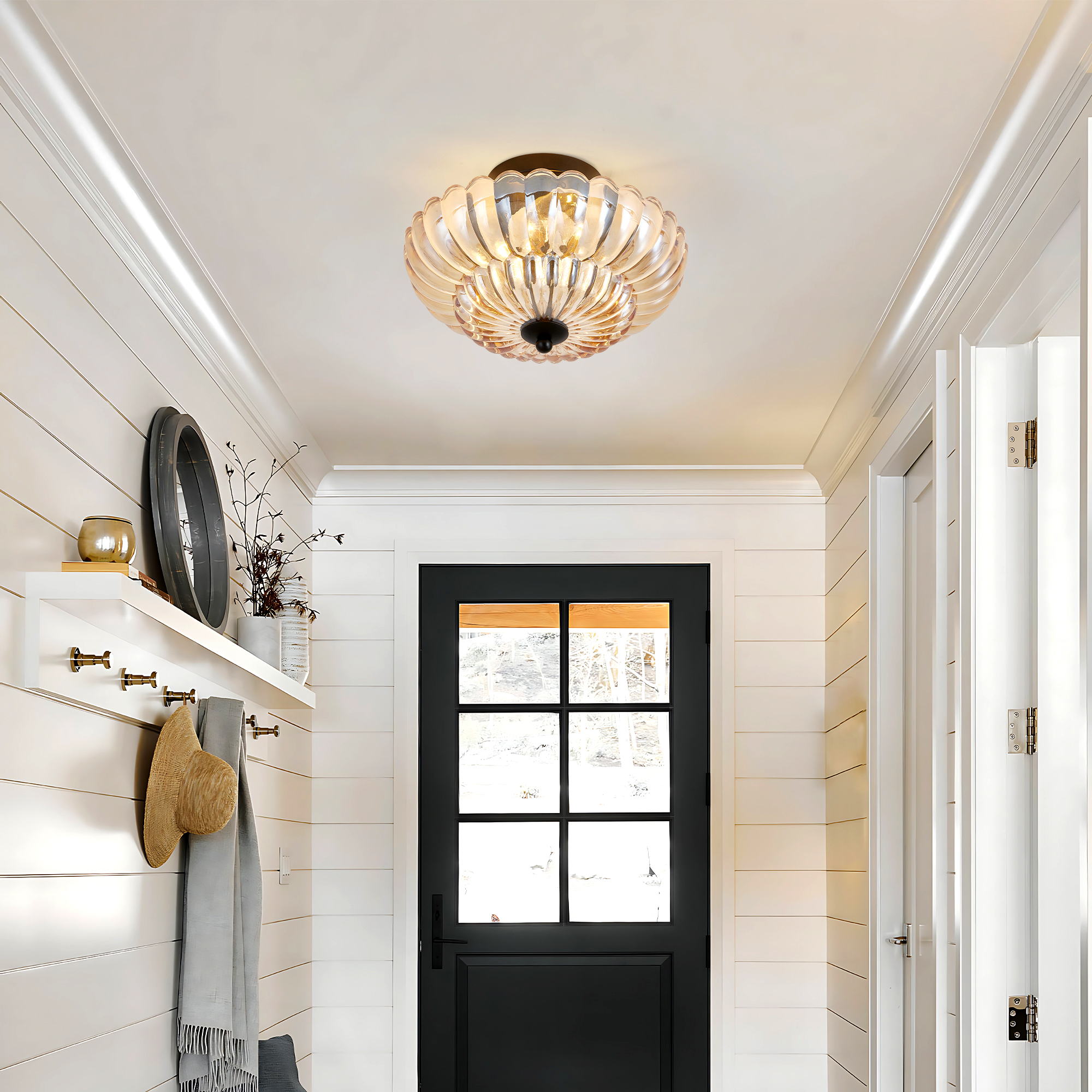 Semi Flush Mount Ceiling Light, Amber Glass Ceiling Light Fixture, 3-Bulb Modern Black Close to Ceiling Light, Vintage Glass Ceiling Lights for Bedroom Kitchen Living Room, Bulb Not Included - Image 3