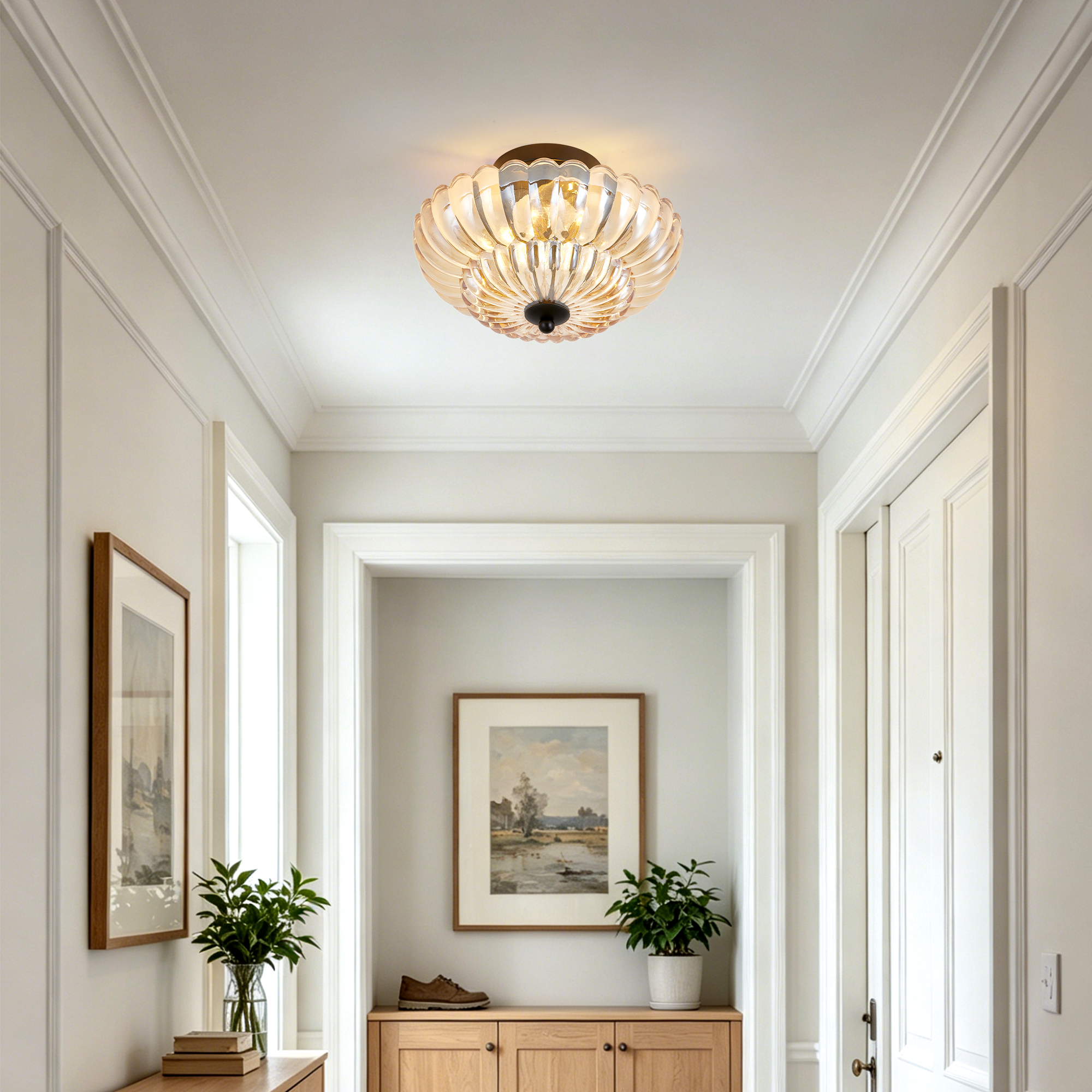 Semi Flush Mount Ceiling Light, Amber Glass Ceiling Light Fixture, 3-Bulb Modern Black Close to Ceiling Light, Vintage Glass Ceiling Lights for Bedroom Kitchen Living Room, Bulb Not Included - Image 4