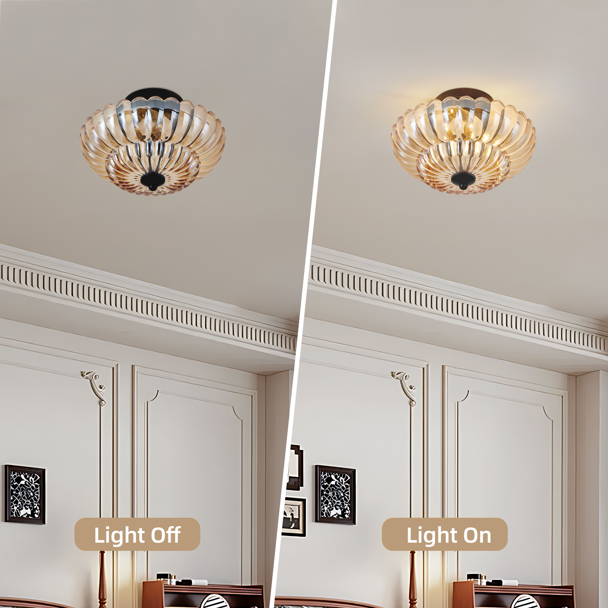 Semi Flush Mount Ceiling Light, Amber Glass Ceiling Light Fixture, 3-Bulb Modern Black Close to Ceiling Light, Vintage Glass Ceiling Lights for Bedroom Kitchen Living Room, Bulb Not Included - Image 5