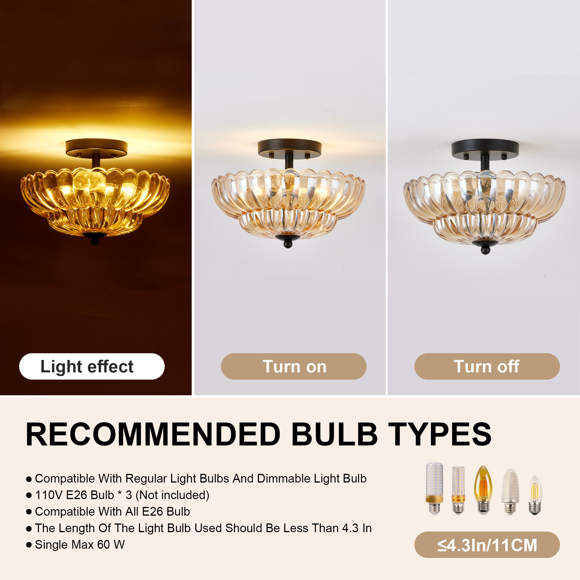 Semi Flush Mount Ceiling Light, Amber Glass Ceiling Light Fixture, 3-Bulb Modern Black Close to Ceiling Light, Vintage Glass Ceiling Lights for Bedroom Kitchen Living Room, Bulb Not Included - Image 6