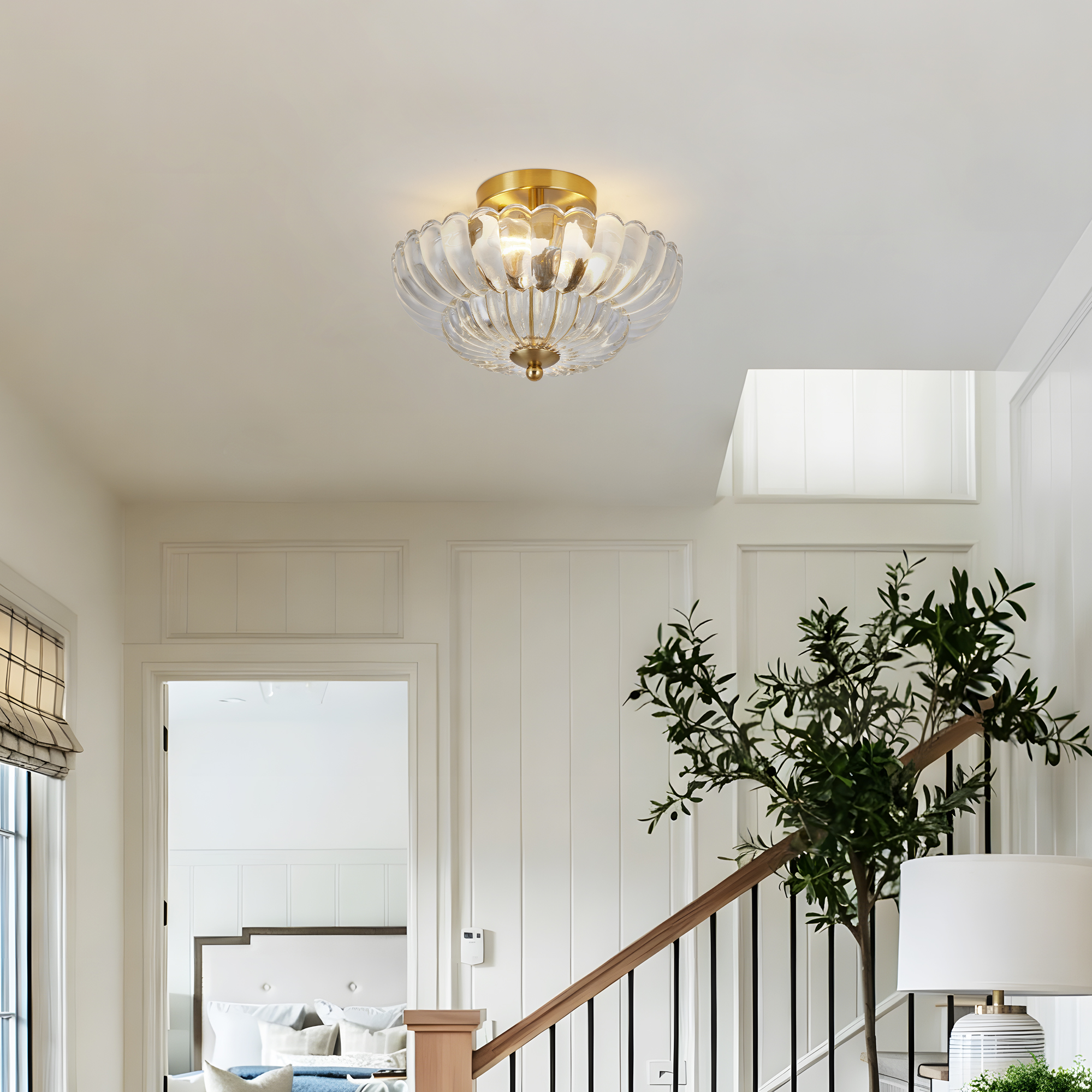 11.8 inch Semi Flush Mount Ceiling Light, 3-Light Close to Ceiling Light Fixtures with Flower Glass, Vintage Ceiling Lights for Hallway Living Room Kitchen Bedroom Bathroom, Clear - Image 2