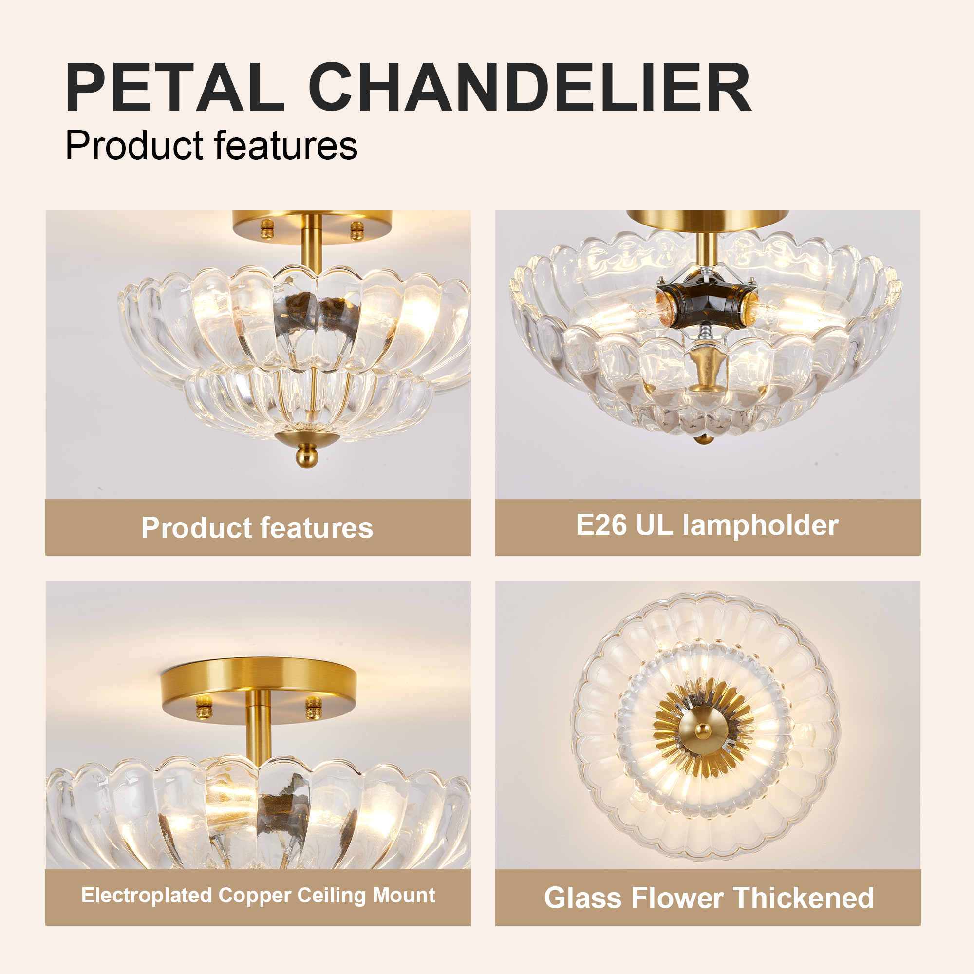 11.8 inch Semi Flush Mount Ceiling Light, 3-Light Close to Ceiling Light Fixtures with Flower Glass, Vintage Ceiling Lights for Hallway Living Room Kitchen Bedroom Bathroom, Clear - Image 5