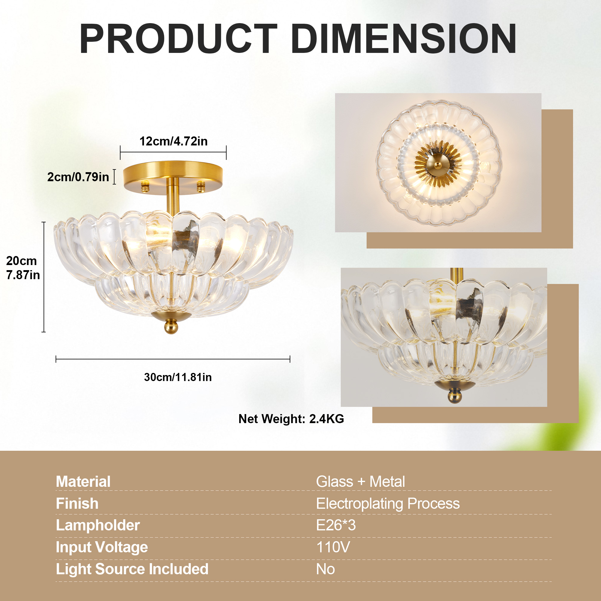 11.8 inch Semi Flush Mount Ceiling Light, 3-Light Close to Ceiling Light Fixtures with Flower Glass, Vintage Ceiling Lights for Hallway Living Room Kitchen Bedroom Bathroom, Clear - Image 6