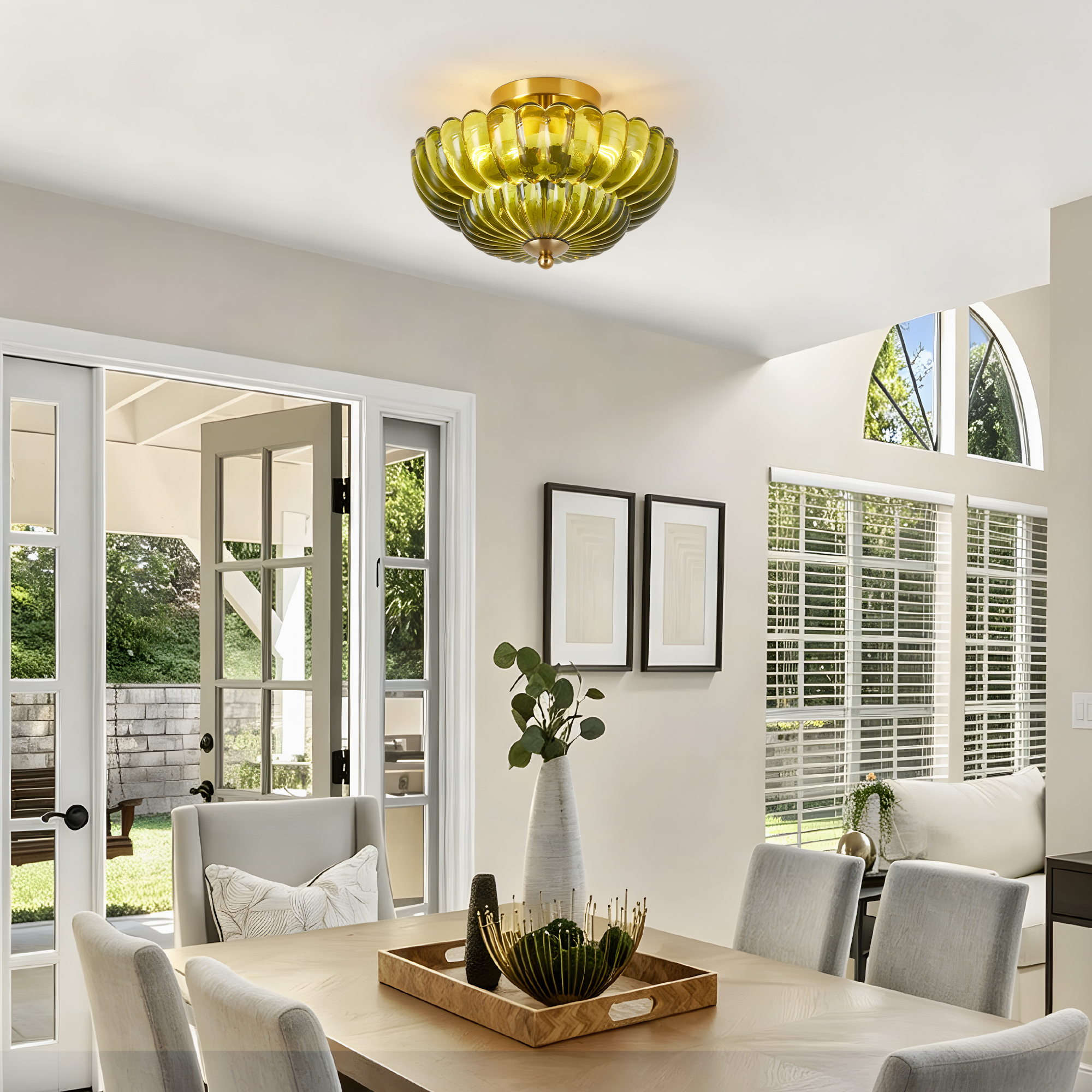 11.8 inch Kitchen Ceiling Light, 3-Light Semi Flush Mount Ceiling Lamp with Flower Glass, Vintage Close to Ceiling Light Fixtures for Bathroom Bedroom Hallway Entryway, Green - Image 2