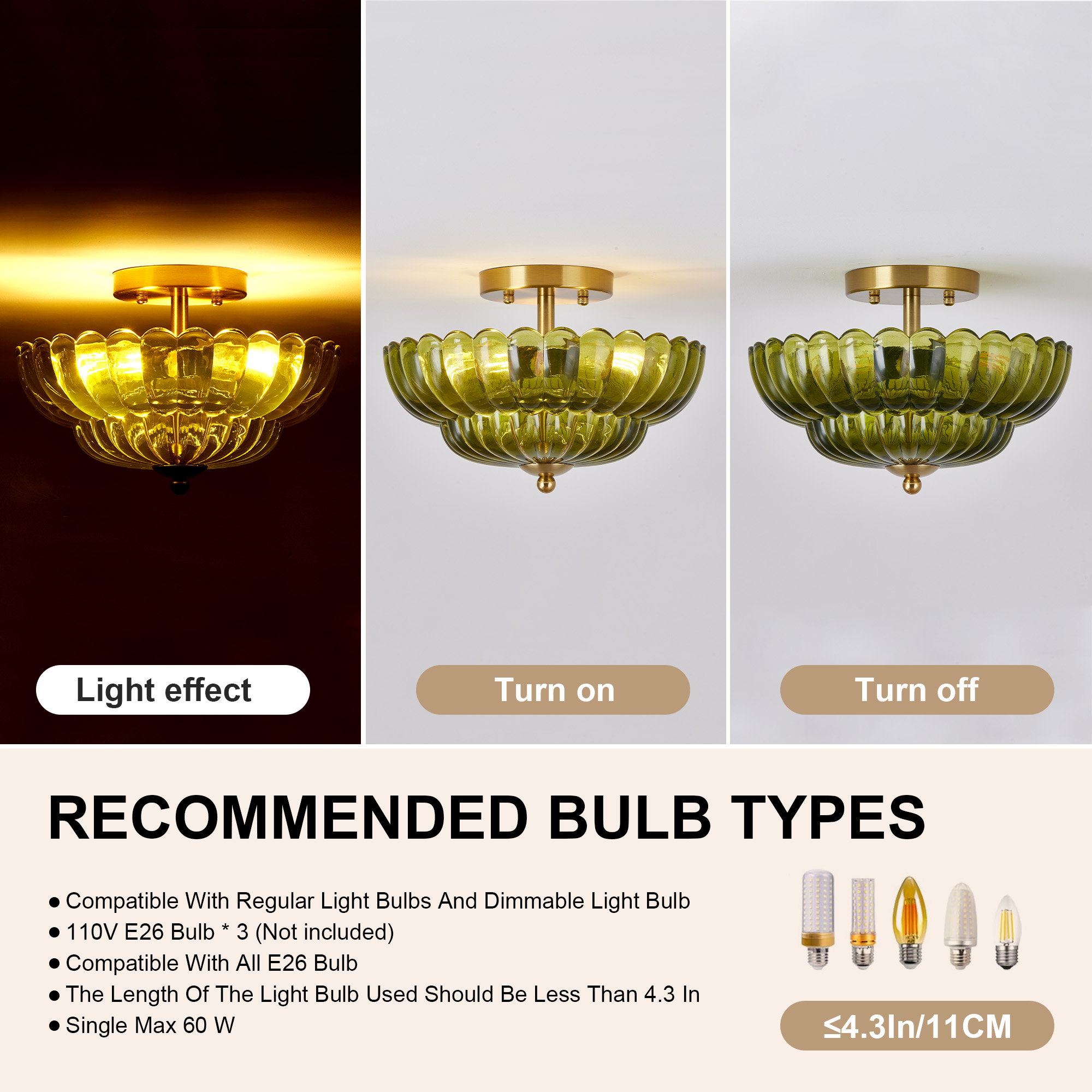 11.8 inch Kitchen Ceiling Light, 3-Light Semi Flush Mount Ceiling Lamp with Flower Glass, Vintage Close to Ceiling Light Fixtures for Bathroom Bedroom Hallway Entryway, Green - Image 4