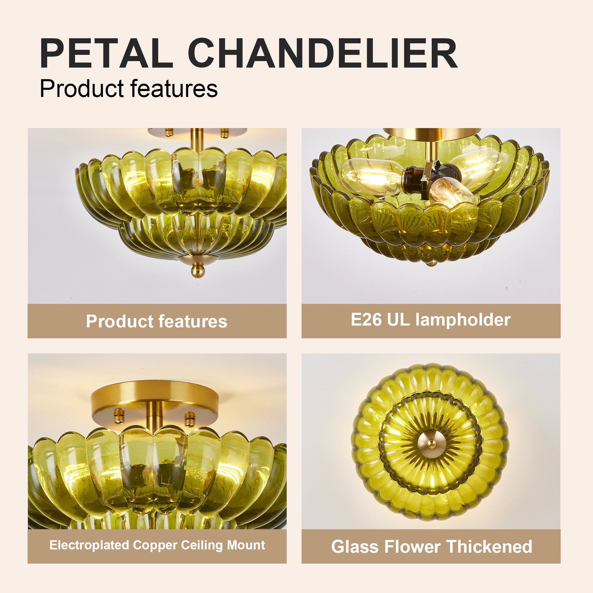 11.8 inch Kitchen Ceiling Light, 3-Light Semi Flush Mount Ceiling Lamp with Flower Glass, Vintage Close to Ceiling Light Fixtures for Bathroom Bedroom Hallway Entryway, Green - Image 5