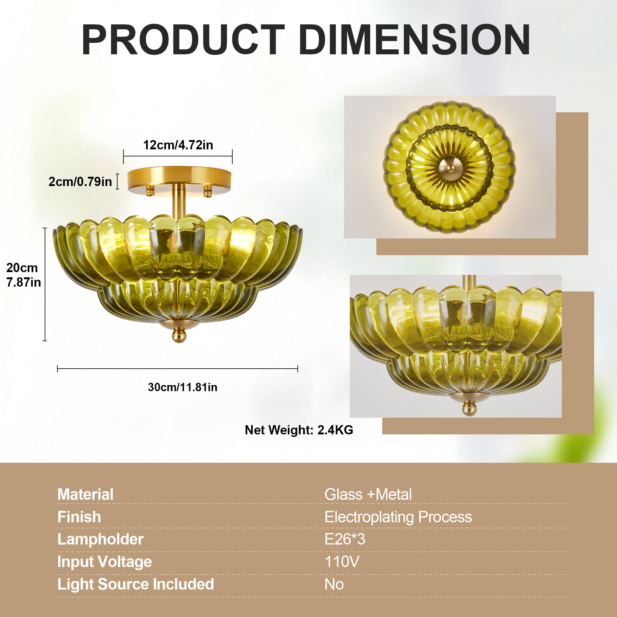 11.8 inch Kitchen Ceiling Light, 3-Light Semi Flush Mount Ceiling Lamp with Flower Glass, Vintage Close to Ceiling Light Fixtures for Bathroom Bedroom Hallway Entryway, Green - Image 6