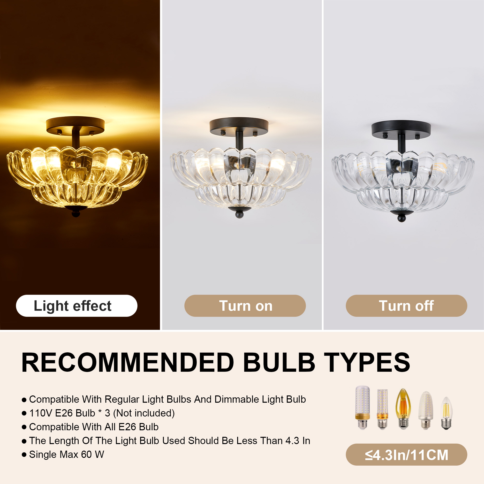 Semi Flush Mount Ceiling Light, Smoky Gray Glass Ceiling Light Fixture, 3-Bulb Modern Black Close to Ceiling Light, Vintage Glass Ceiling Lights for Bedroom Kitchen Living Room, Bulb Not Included - Image 5