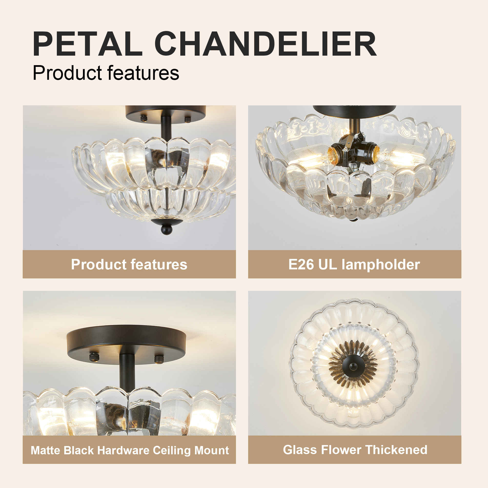 Semi Flush Mount Ceiling Light, Smoky Gray Glass Ceiling Light Fixture, 3-Bulb Modern Black Close to Ceiling Light, Vintage Glass Ceiling Lights for Bedroom Kitchen Living Room, Bulb Not Included - Image 6