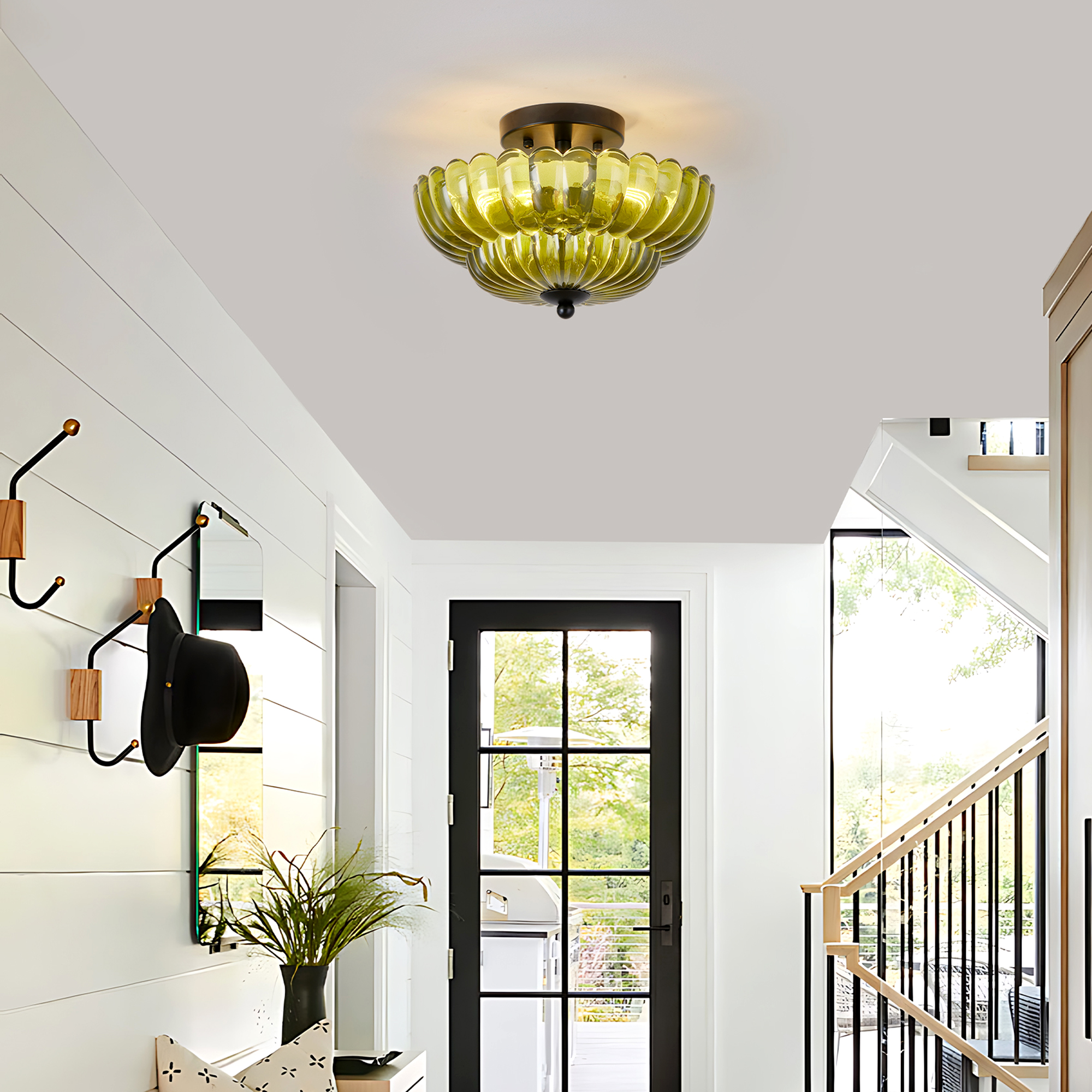 Semi Flush Mount Ceiling Light, Green Glass Ceiling Light Fixture, 3-Bulb Modern Black Close to Ceiling Light, Vintage Glass Ceiling Lights for Bedroom Kitchen Living Room, Bulb Not Included - Image 2