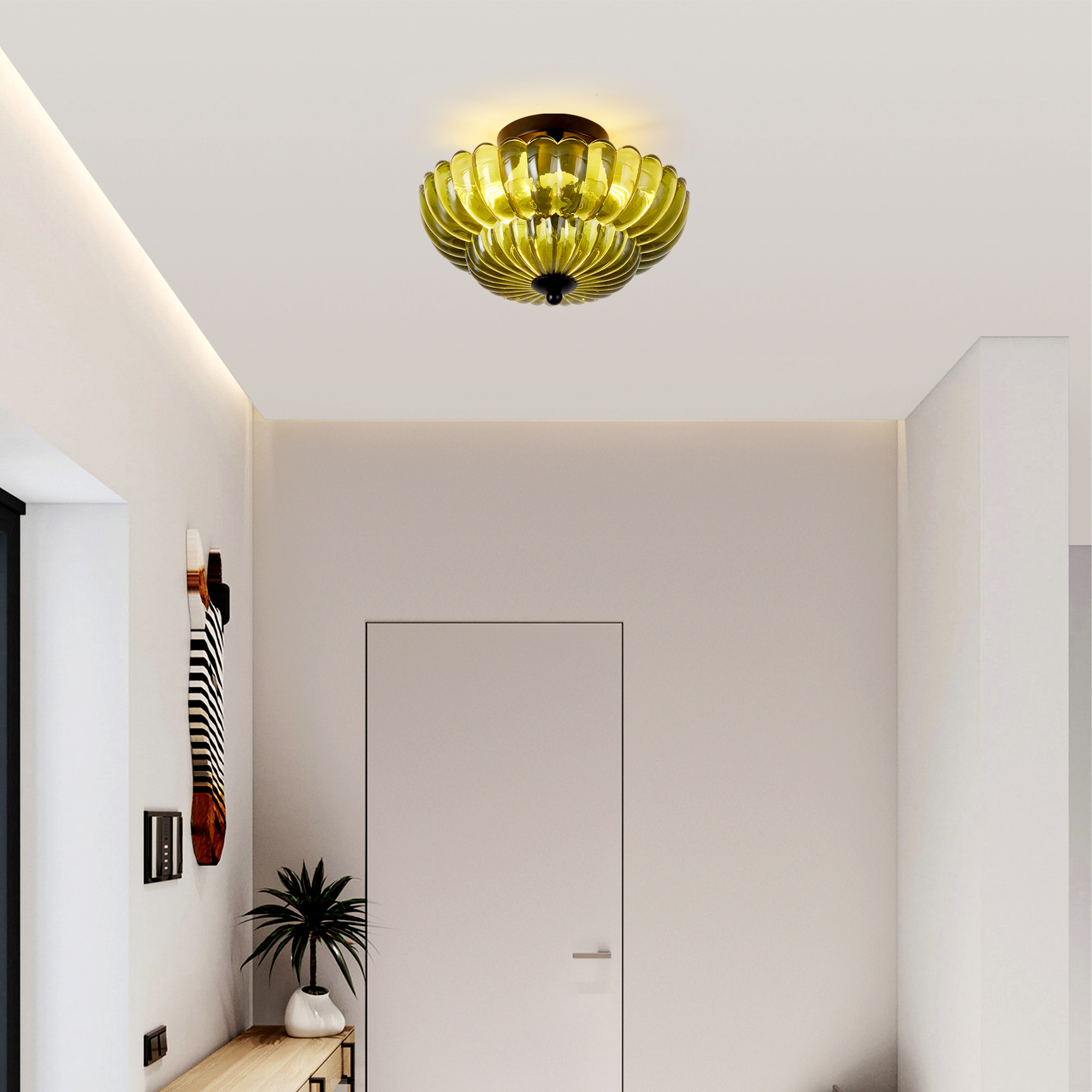 Semi Flush Mount Ceiling Light, Green Glass Ceiling Light Fixture, 3-Bulb Modern Black Close to Ceiling Light, Vintage Glass Ceiling Lights for Bedroom Kitchen Living Room, Bulb Not Included - Image 3