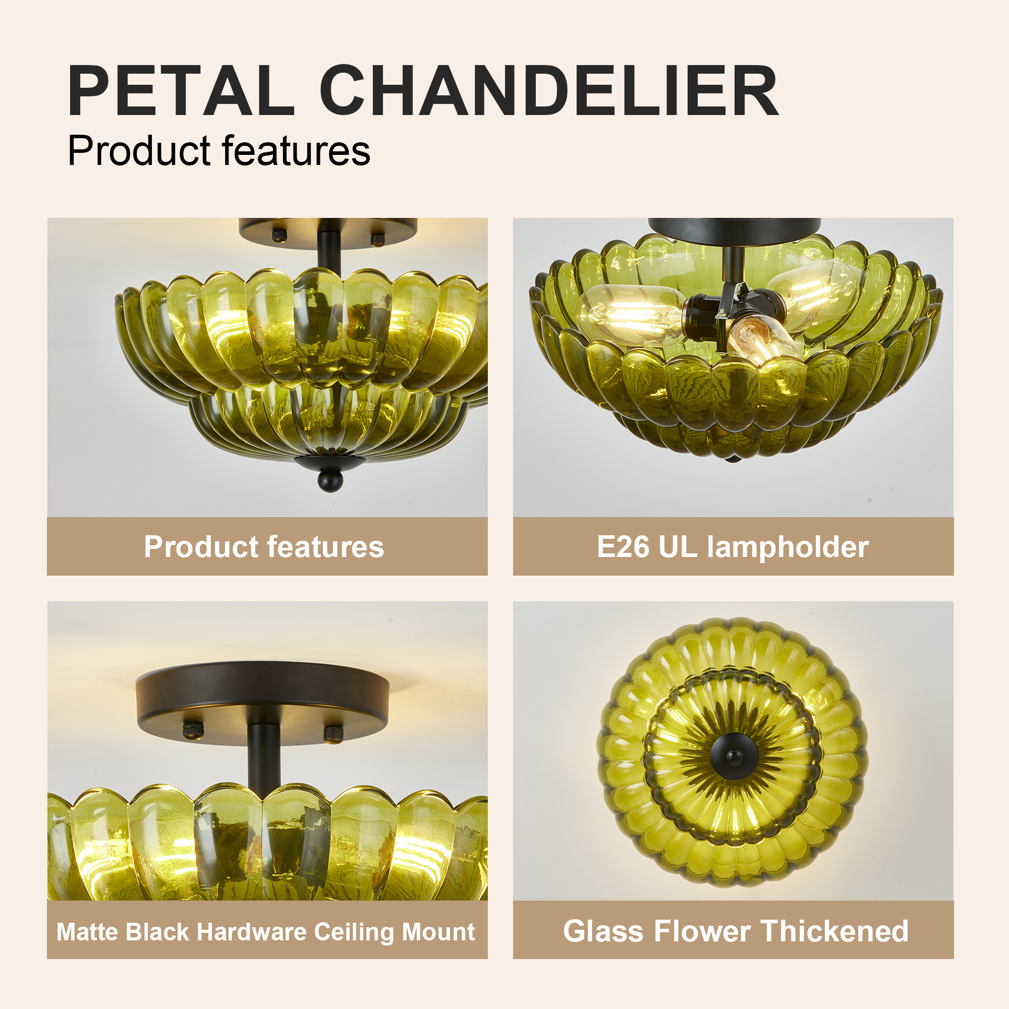 Semi Flush Mount Ceiling Light, Green Glass Ceiling Light Fixture, 3-Bulb Modern Black Close to Ceiling Light, Vintage Glass Ceiling Lights for Bedroom Kitchen Living Room, Bulb Not Included - Image 5