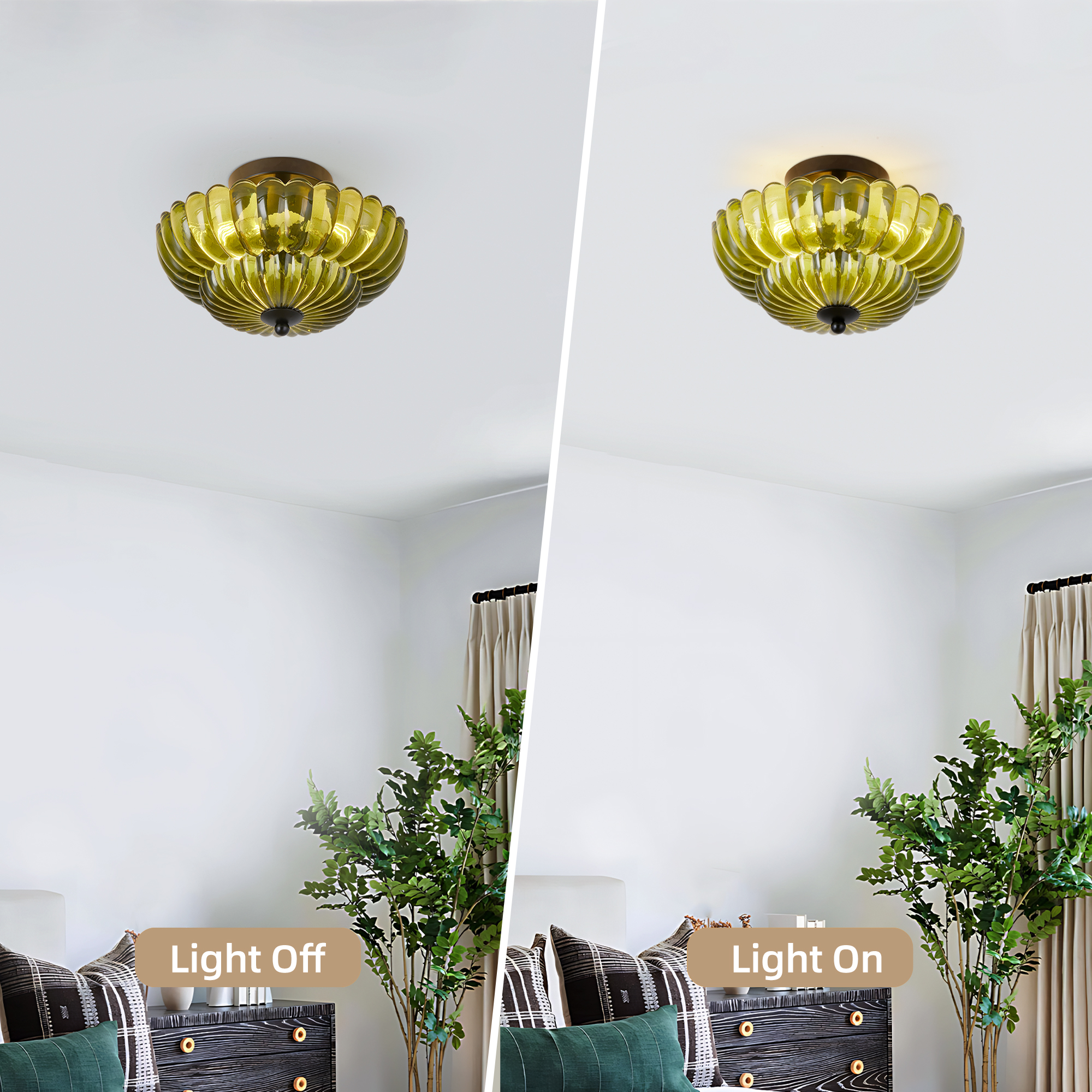Semi Flush Mount Ceiling Light, Green Glass Ceiling Light Fixture, 3-Bulb Modern Black Close to Ceiling Light, Vintage Glass Ceiling Lights for Bedroom Kitchen Living Room, Bulb Not Included - Image 6