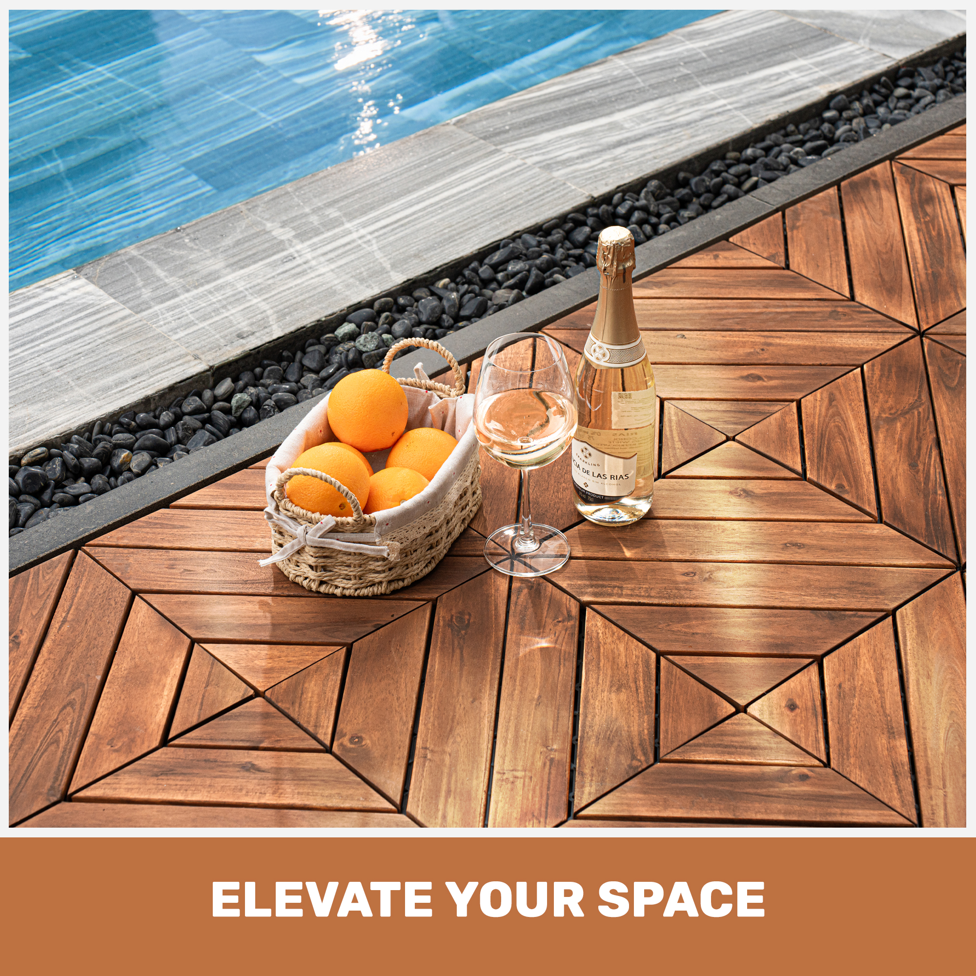 10 PCS Interlocking Deck Tiles Diagonal Pattern, 12" x 12" Acacia Wood Tiles For Patio, Waterproof, All-Weather, Outdoor Decking For Garden, Pool, Balcony,... - Image 3