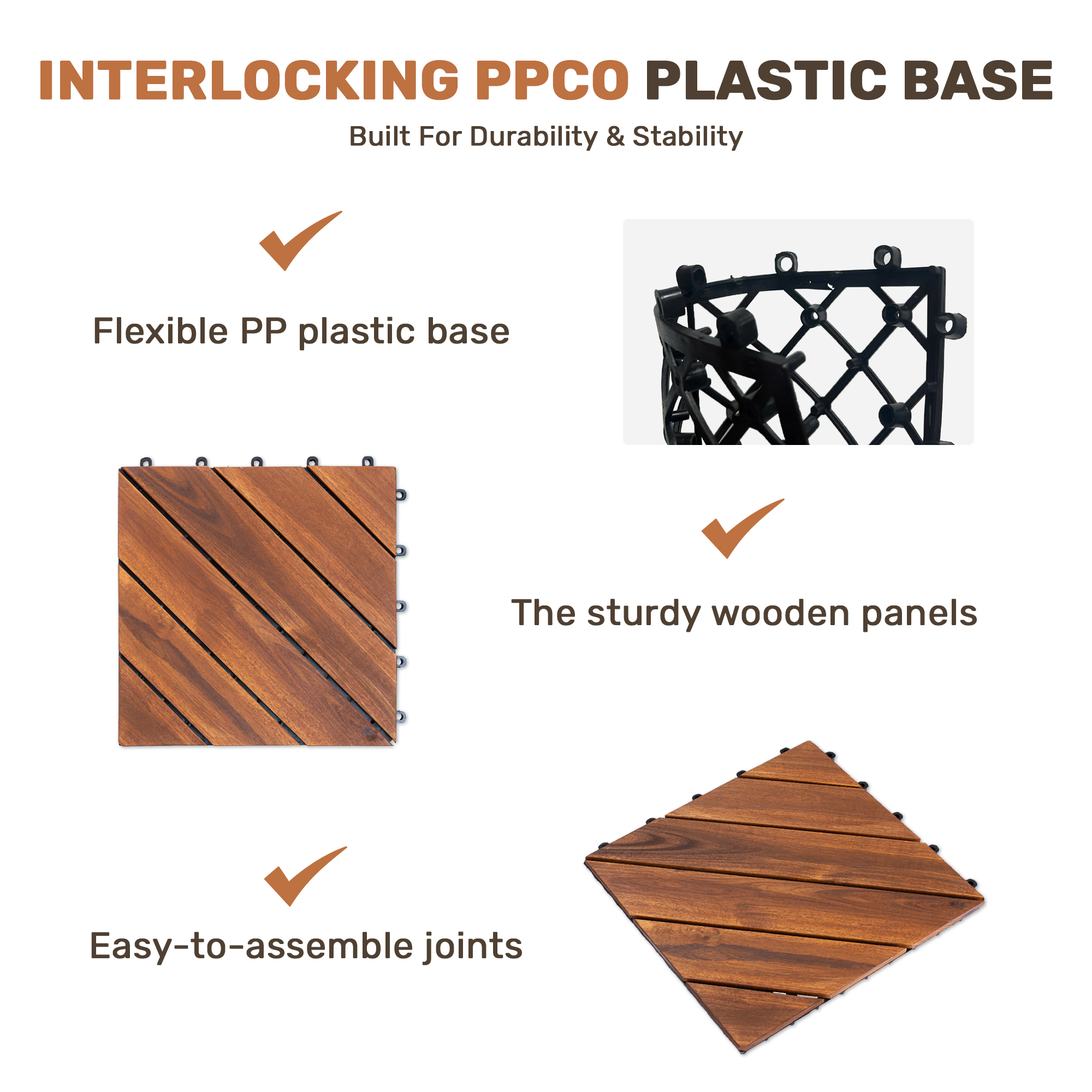 10 PCS Interlocking Deck Tiles Diagonal Pattern, 12" x 12" Acacia Wood Tiles For Patio, Waterproof, All-Weather, Outdoor Decking For Garden, Pool, Balcony,... - Image 4