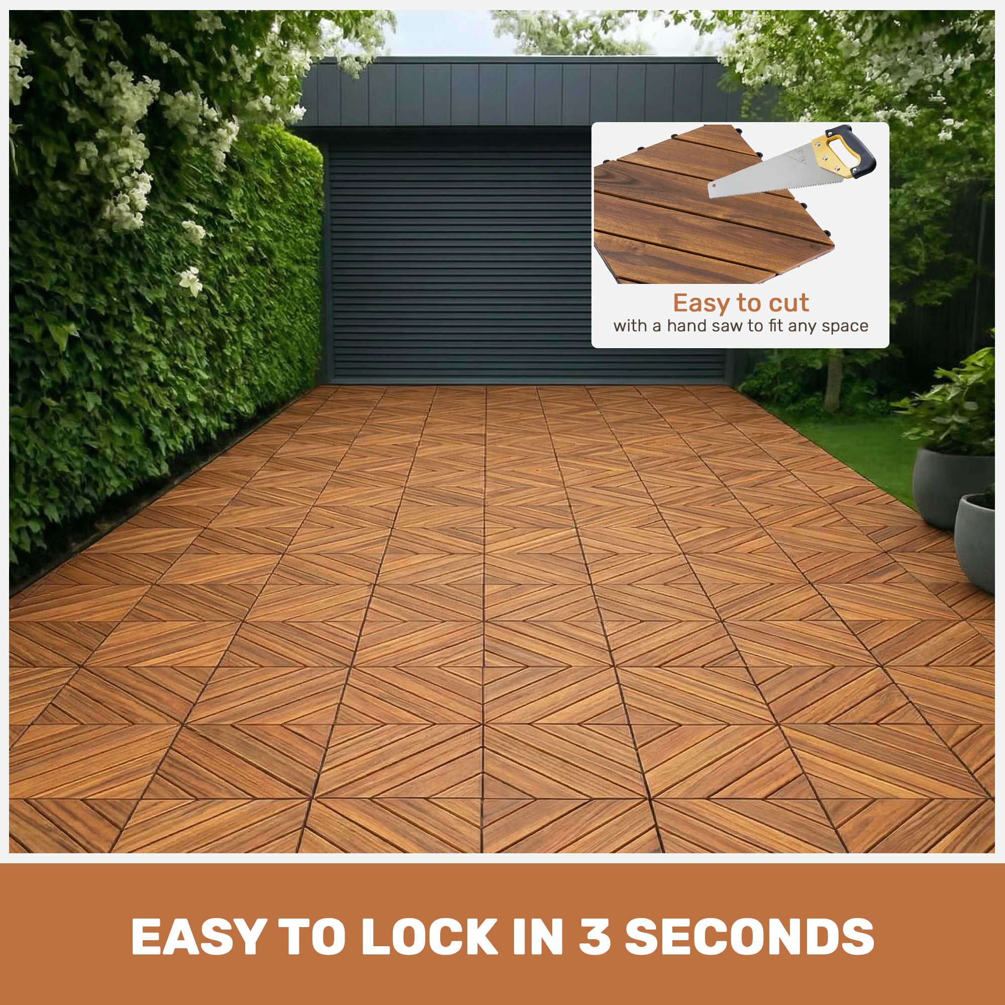 10 PCS Interlocking Deck Tiles Diagonal Pattern, 12" x 12" Acacia Wood Tiles For Patio, Waterproof, All-Weather, Outdoor Decking For Garden, Pool, Balcony,... - Image 5