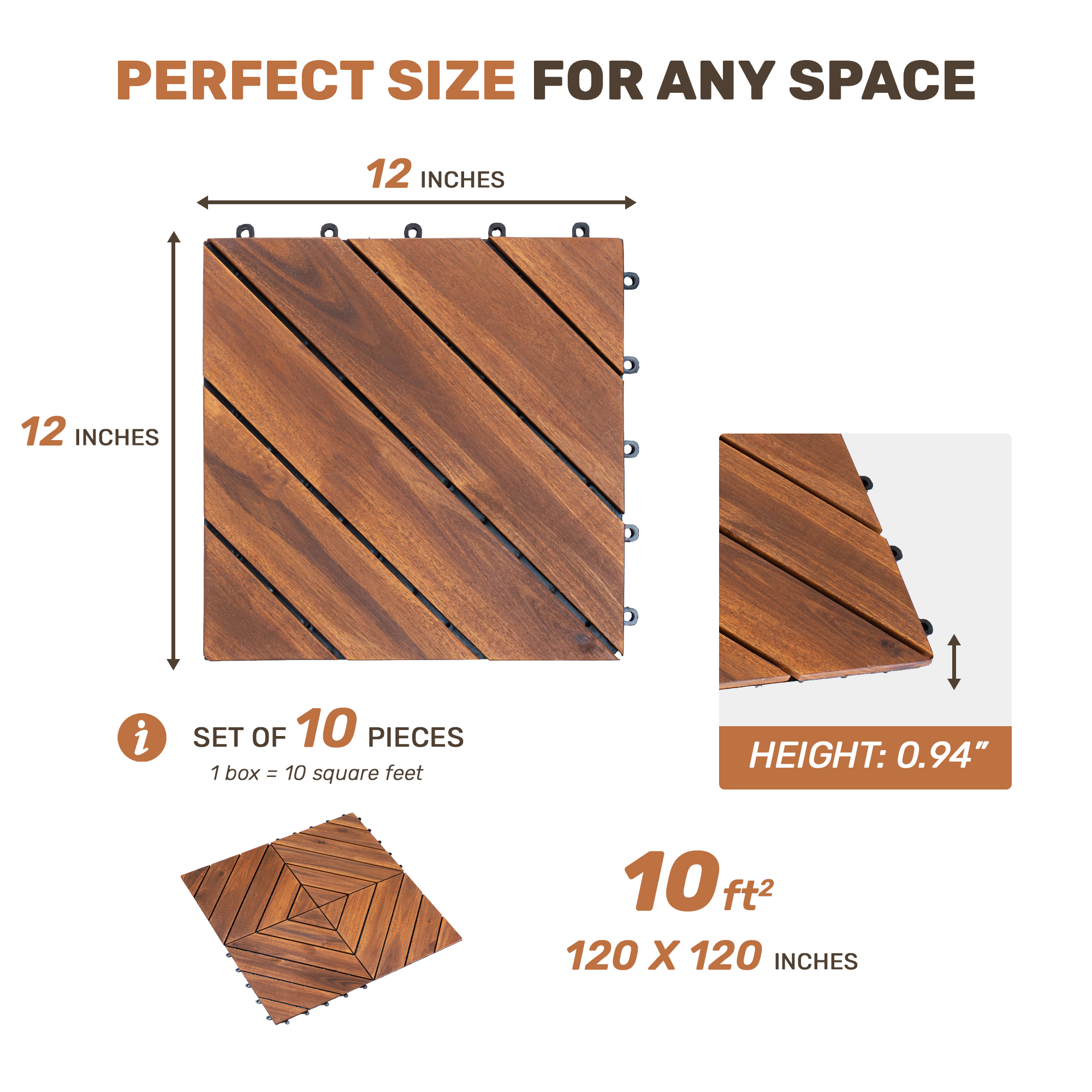 10 PCS Interlocking Deck Tiles Diagonal Pattern, 12" x 12" Acacia Wood Tiles For Patio, Waterproof, All-Weather, Outdoor Decking For Garden, Pool, Balcony,... - Image 2