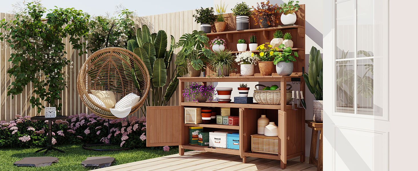 TOPMAX Potting Bench with Hutch, 50.2" Solid Fir Wood Garden Workstation, Large Countertop, 2 Shelves, 2 Cabinets, 3 Side Hooks, Outdoor Planting Table for Gardening, Natural - Image 2