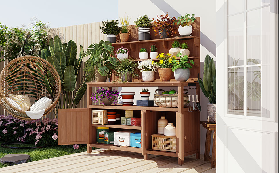 TOPMAX Potting Bench with Hutch, 50.2" Solid Fir Wood Garden Workstation, Large Countertop, 2 Shelves, 2 Cabinets, 3 Side Hooks, Outdoor Planting Table for Gardening, Natural - Image 3