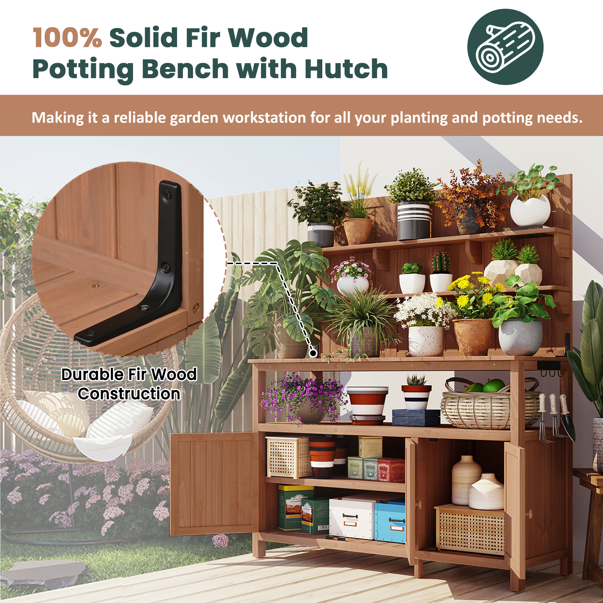 TOPMAX Potting Bench with Hutch, 50.2" Solid Fir Wood Garden Workstation, Large Countertop, 2 Shelves, 2 Cabinets, 3 Side Hooks, Outdoor Planting Table for Gardening, Natural - Image 4