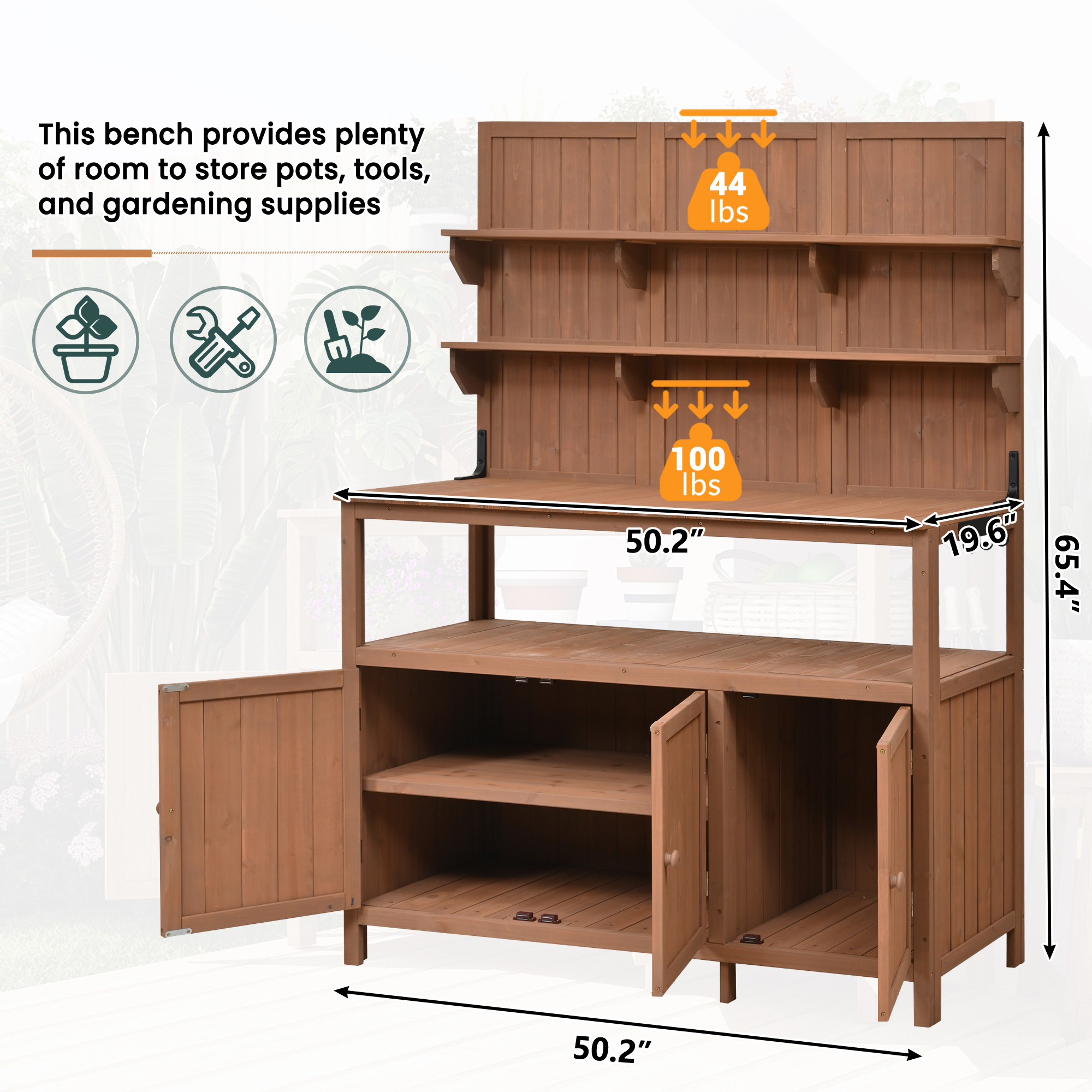 TOPMAX Potting Bench with Hutch, 50.2" Solid Fir Wood Garden Workstation, Large Countertop, 2 Shelves, 2 Cabinets, 3 Side Hooks, Outdoor Planting Table for Gardening, Natural - Image 6