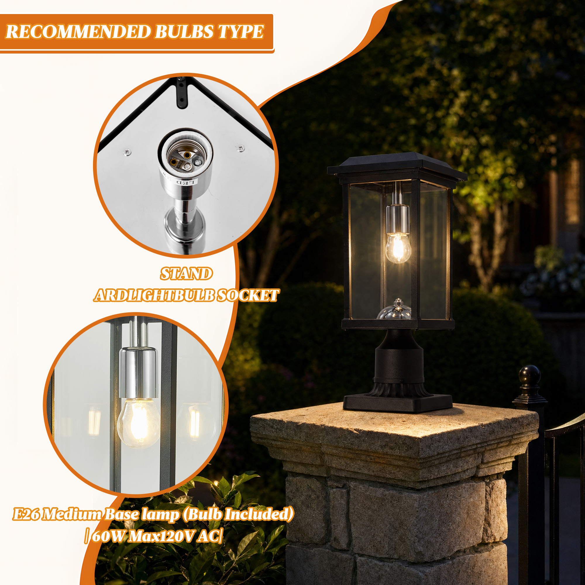 Dusk to Dawn Outdoor Post Lights with Pier Mount Base, Anti-Rust Black Pillar Lights Fixtures, Waterproof Hardwired Aluminum Exterior Pole Lamps for Garden, Patio, Pathway - Image 5