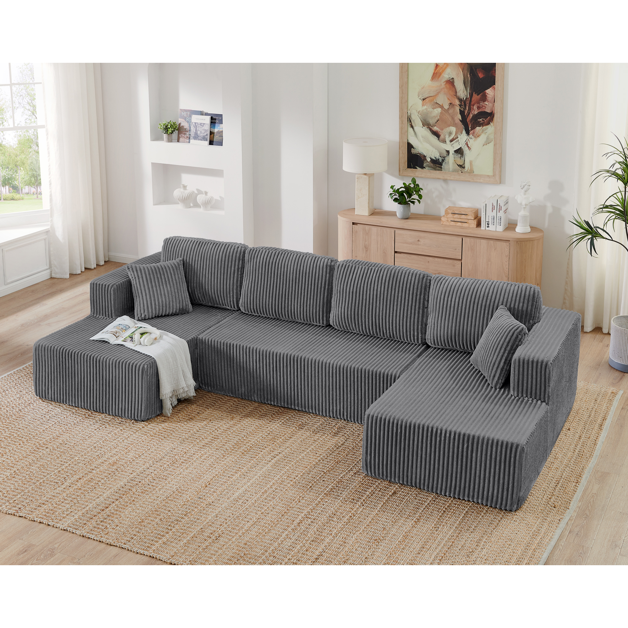 U shape Modular Sectional Sofa, Compressed Sectional Sofa Modern Minimalist Style Corduroy Couch, Sleeper Sofa for Living Room, Bedroom, Comfy Compressed Sofa Couch Space-Efficient Design-grey - Image 2