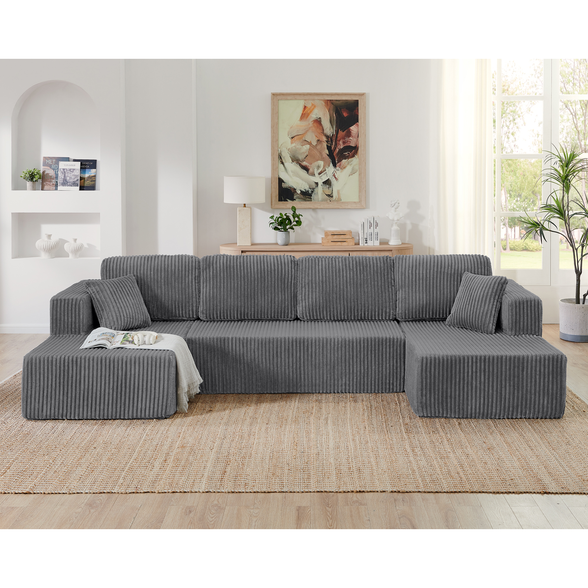 U shape Modular Sectional Sofa, Compressed Sectional Sofa Modern Minimalist Style Corduroy Couch, Sleeper Sofa for Living Room, Bedroom, Comfy Compressed Sofa Couch Space-Efficient Design-grey - Image 3