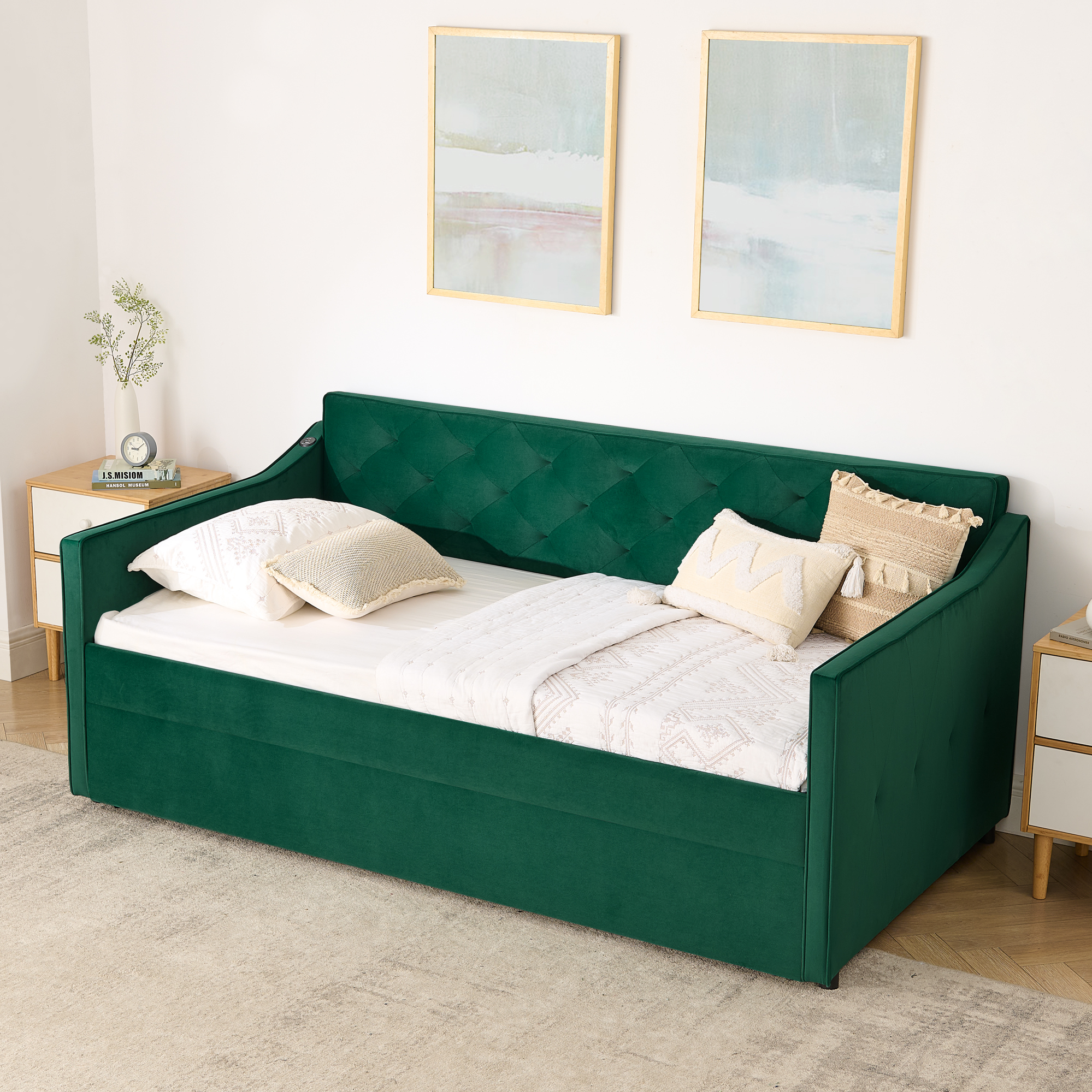 Twin Size Upholstery DayBed with Twin Size Pop-up Trundle and USB Charging Design - Image 2