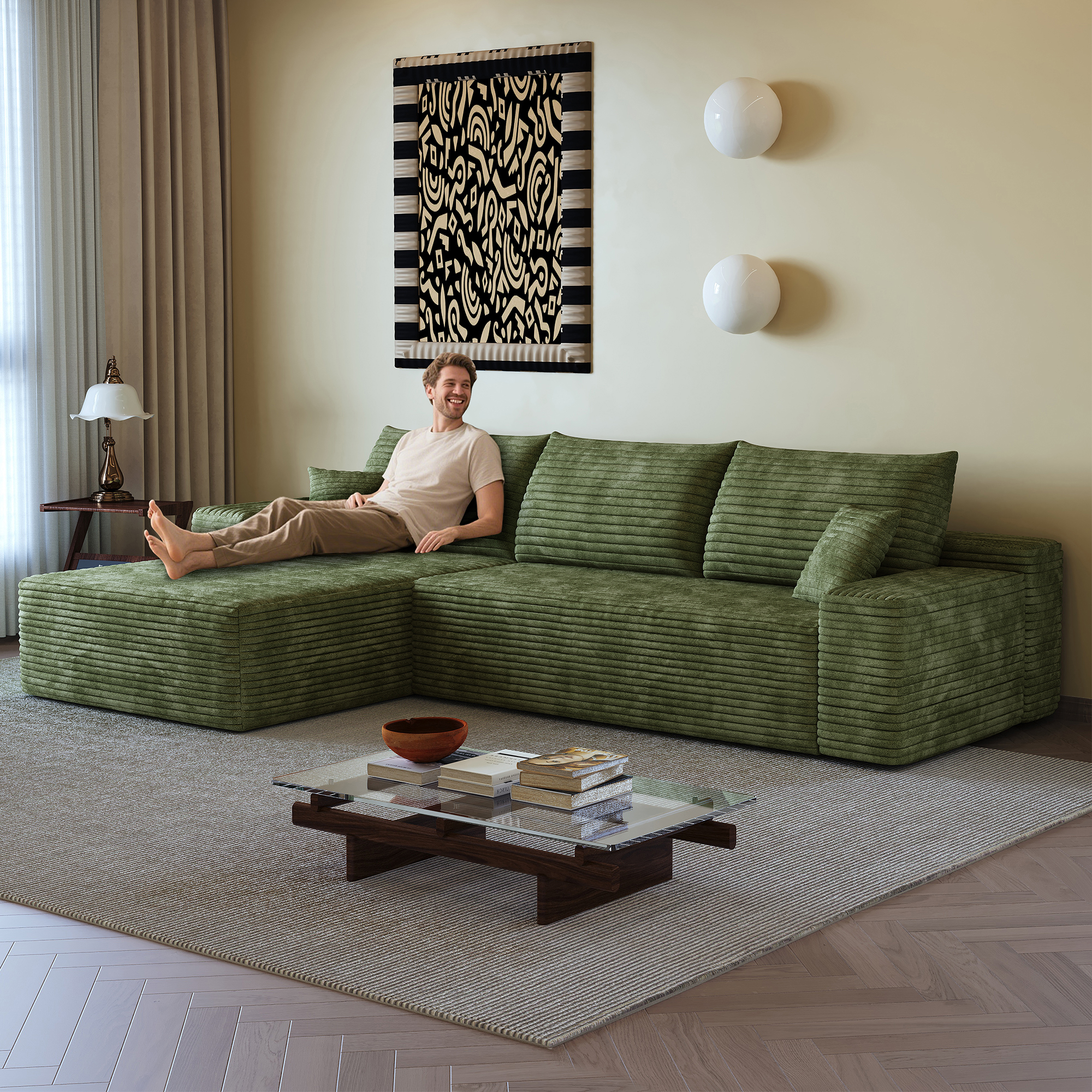 107" Cloud Sectional Couch with L-Shape Chaise,Modern Modular Sofa with Deep Seat, Upholstered Couches for Living Room Bedroom,No Assembly Required, (Plush Corduroy Fabric),Green - Image 2